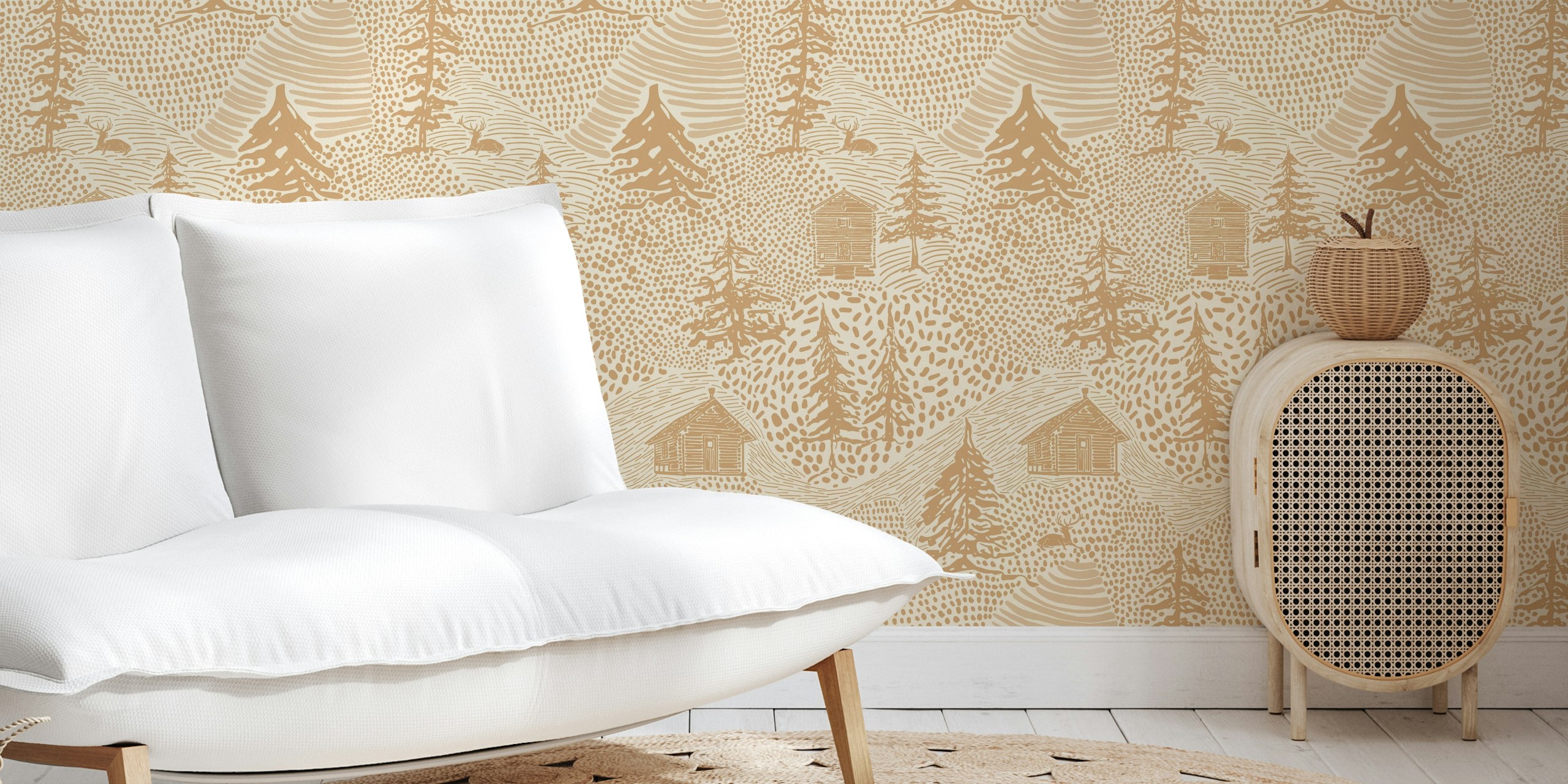 Rustic cabin wallpaper featuring trees and cabins in earthy tan colors