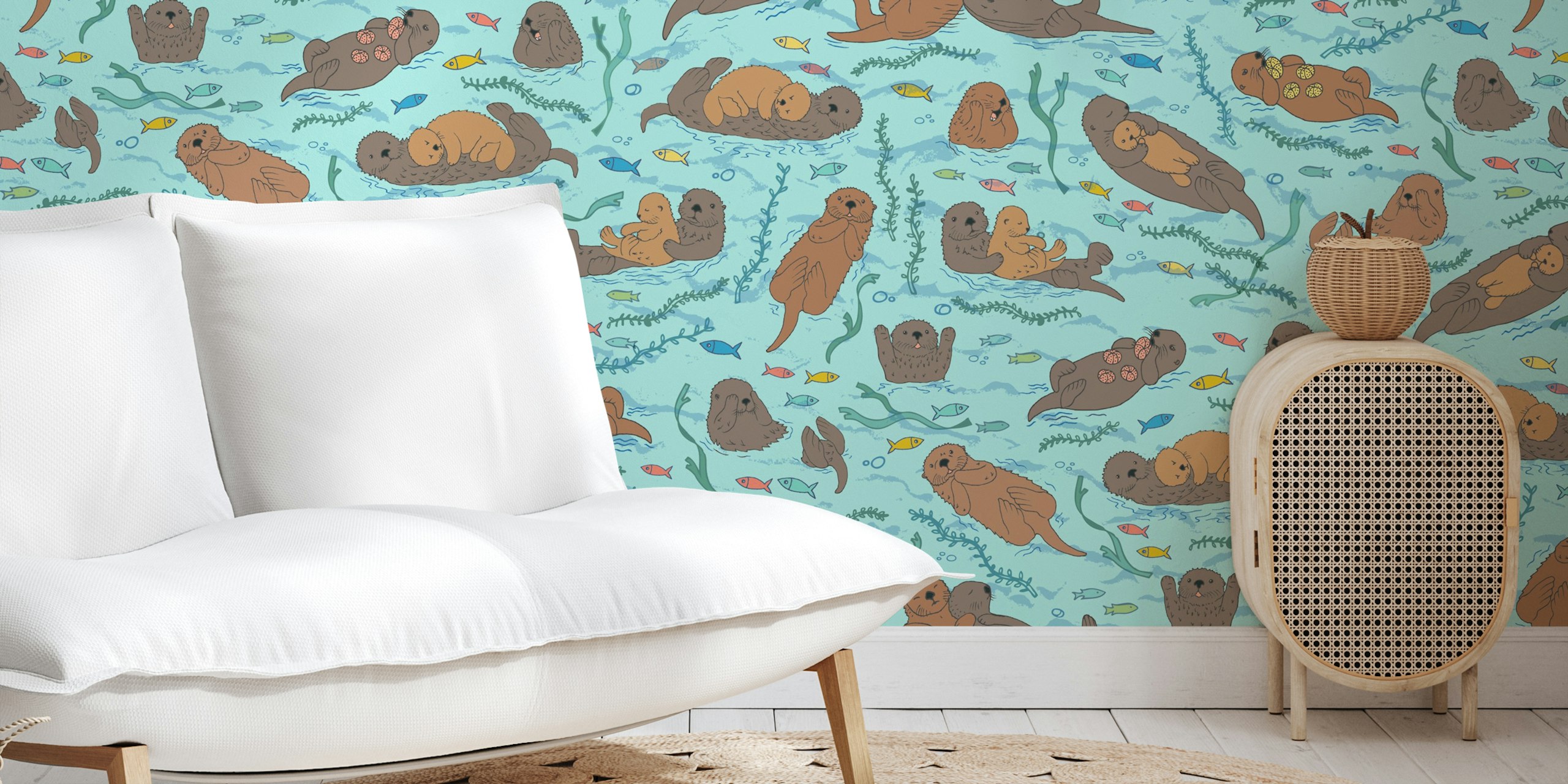 Sea Otters behang in een kamersetting