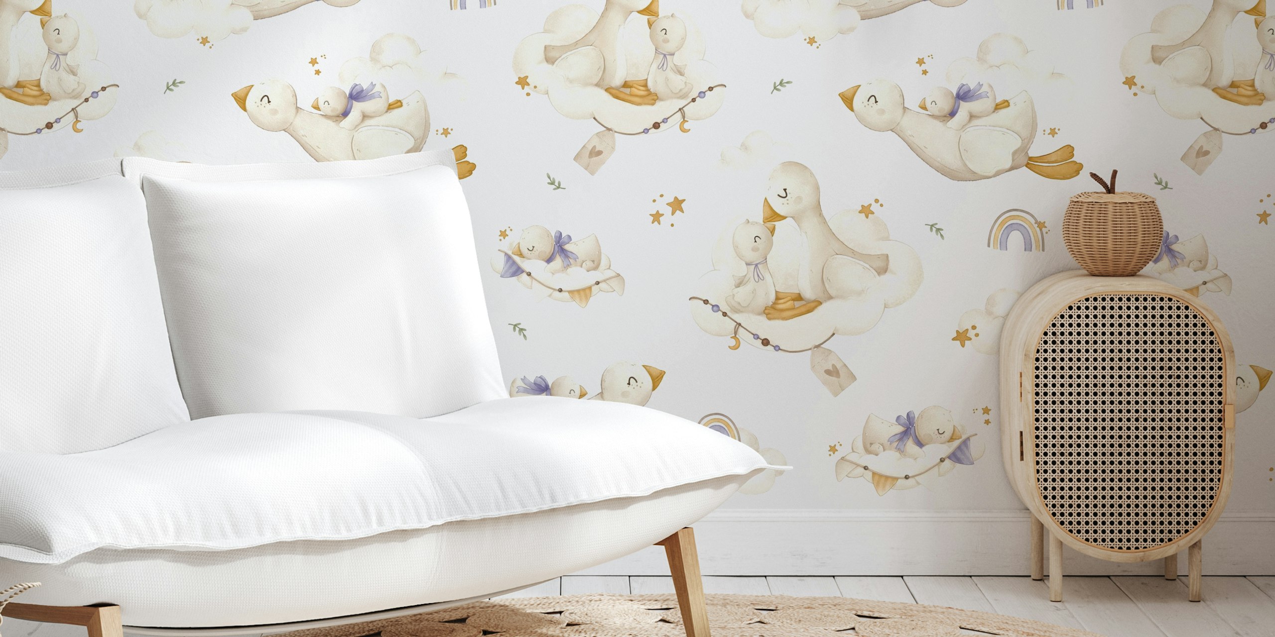 Design della carta da parati Fluffy Geese in una stanza