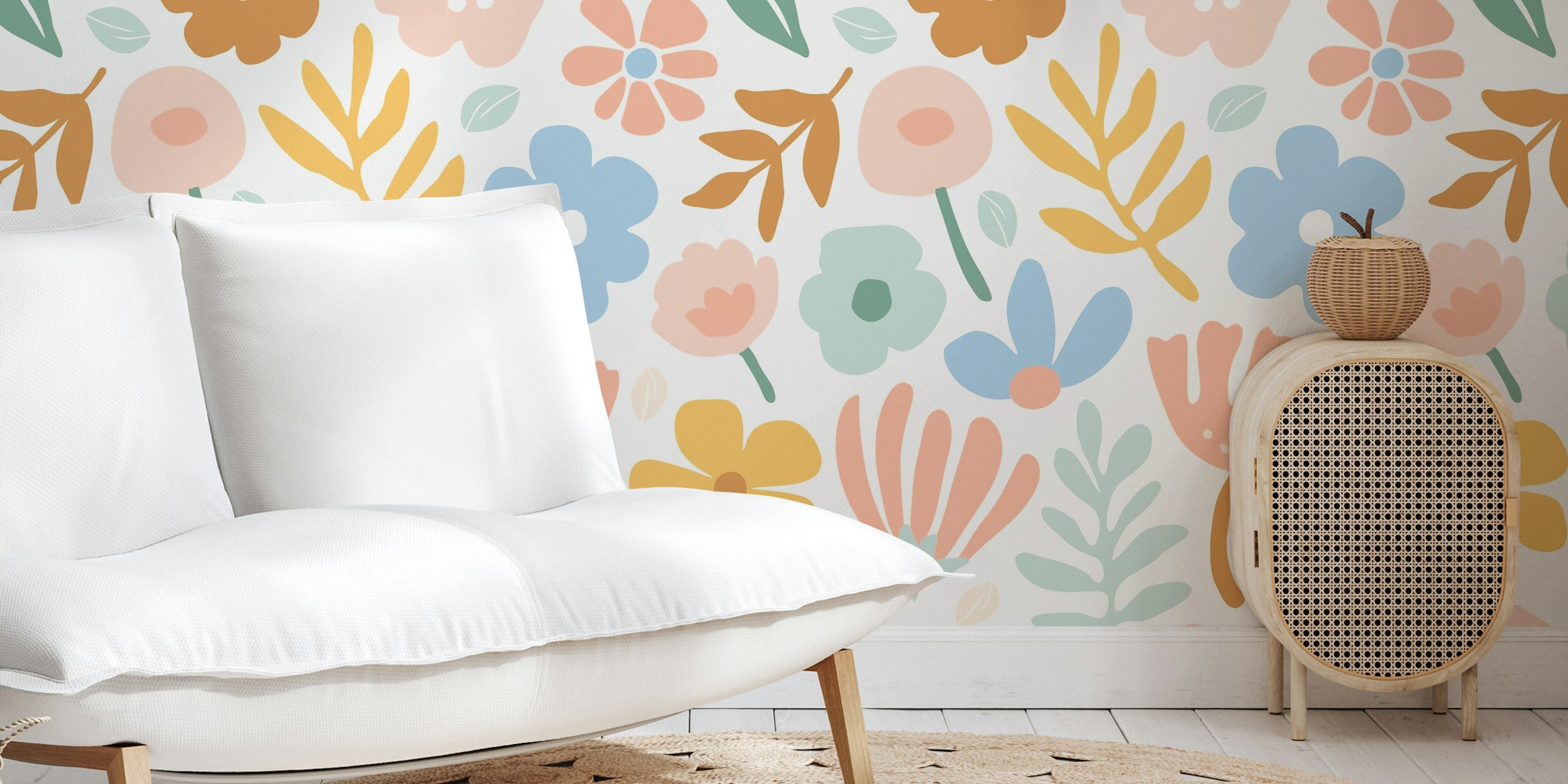 Colorful floral patterns in pastel colors on a cream background wallpaper