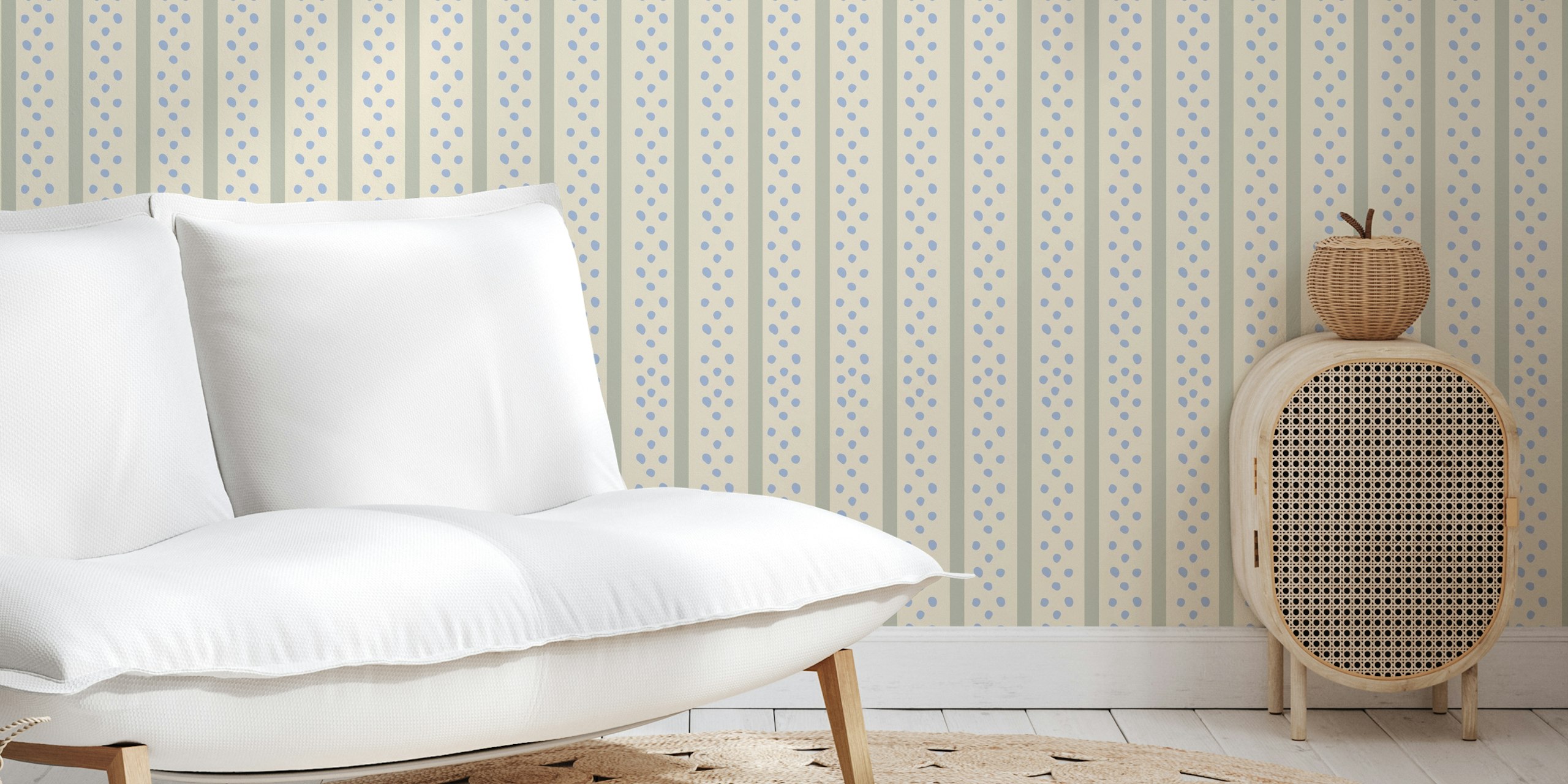 Olive green and blue striped-dotted wallpaper