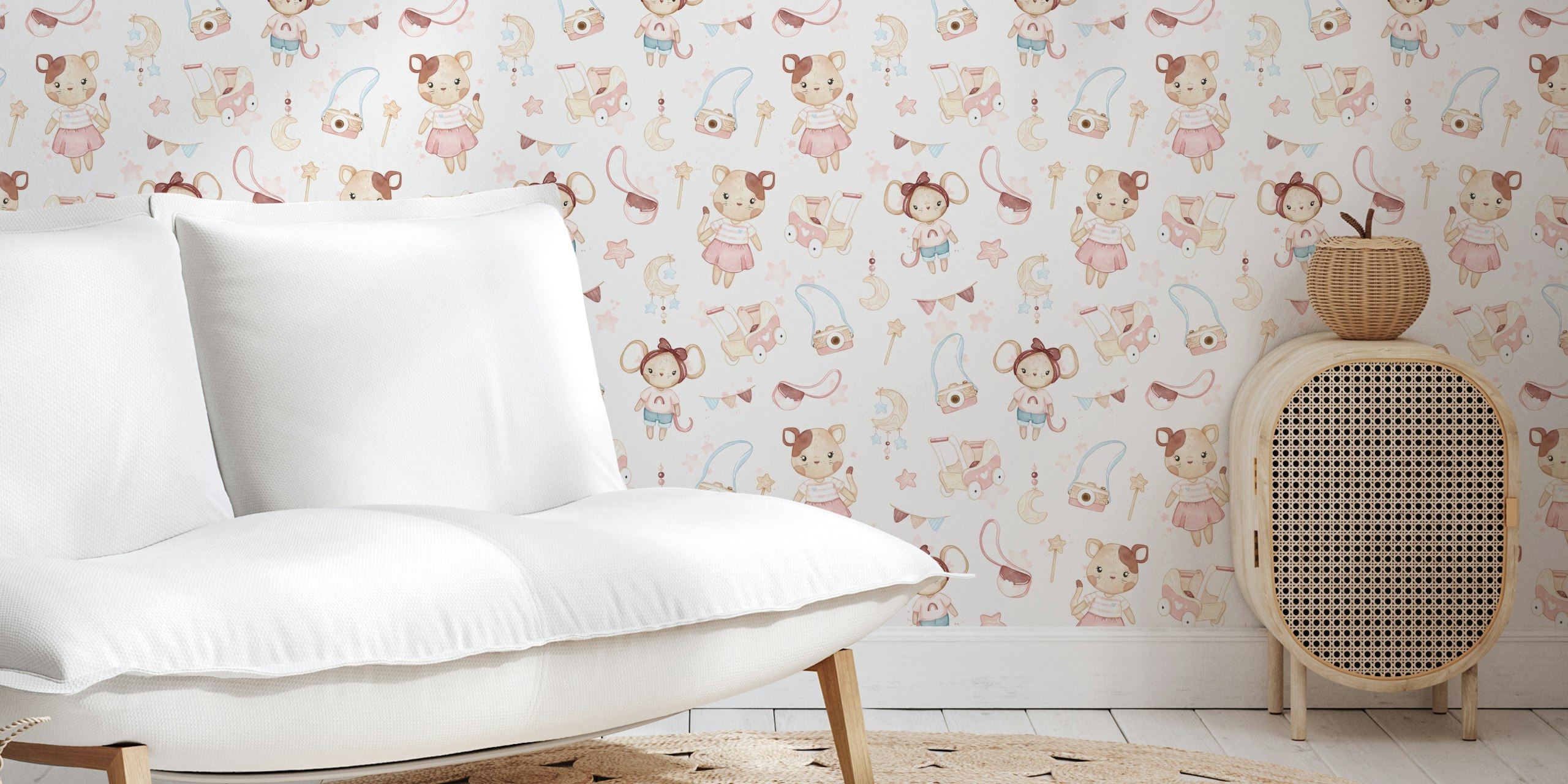 Animals, toys and stars on pink background wallpaper