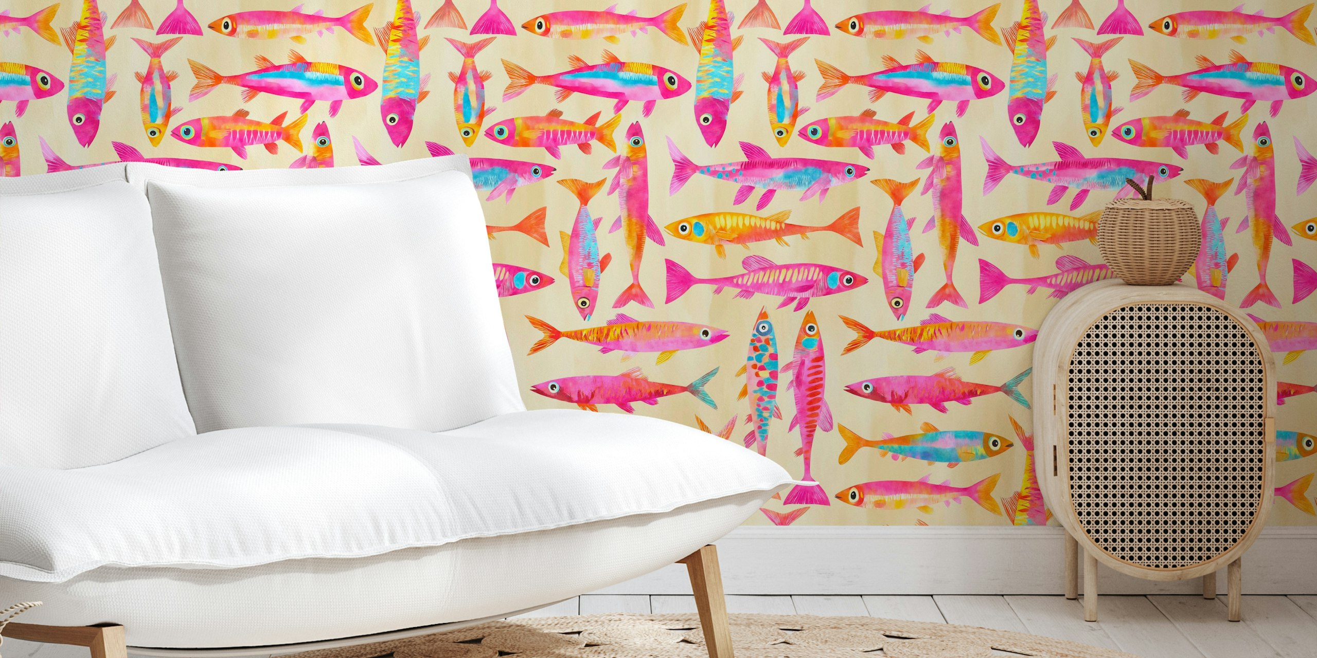 Colorful fish design in pink, yellow, and blue on beige wallpaper