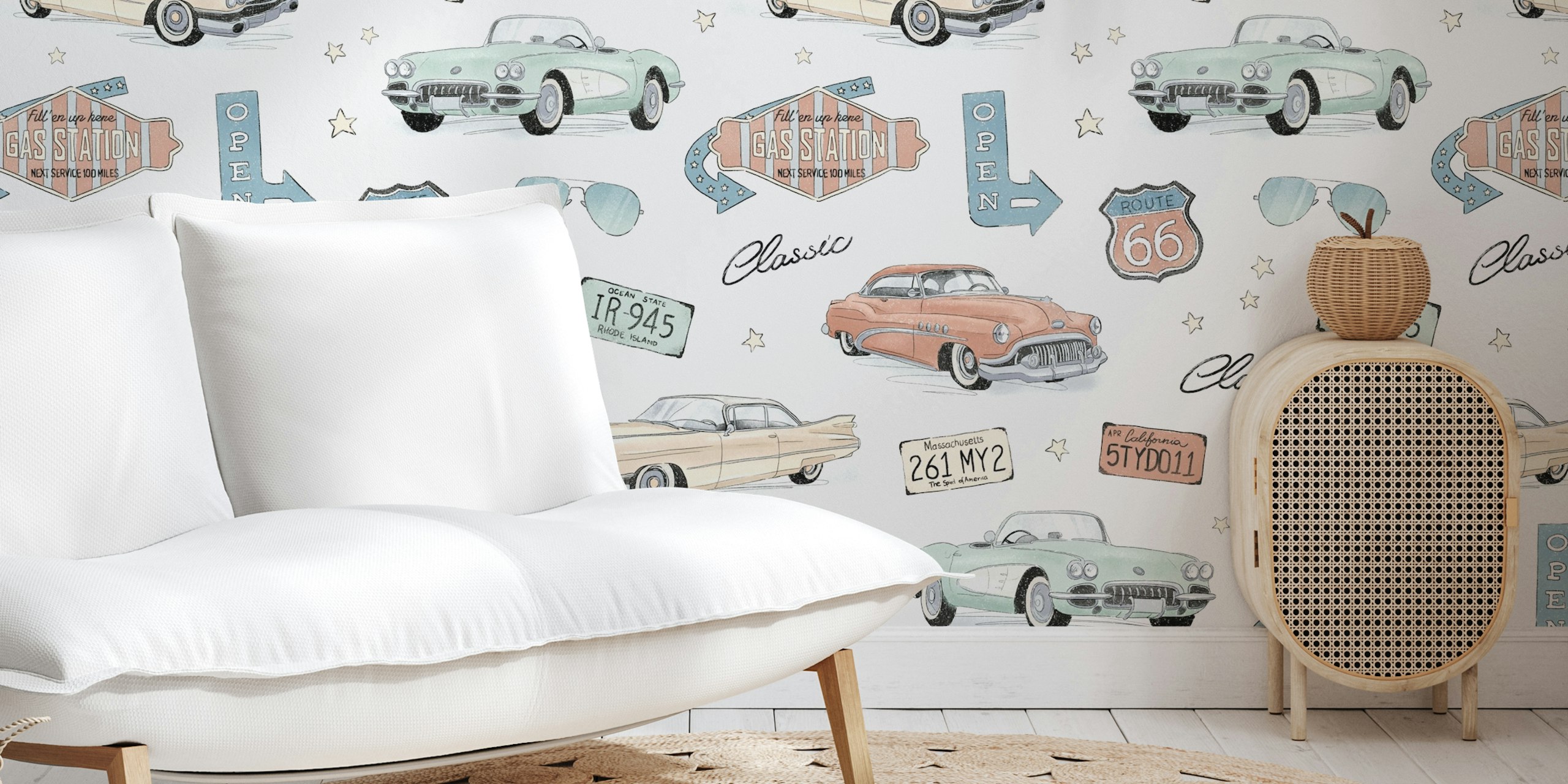 Classic cars in pastel colors on white background wallpaper