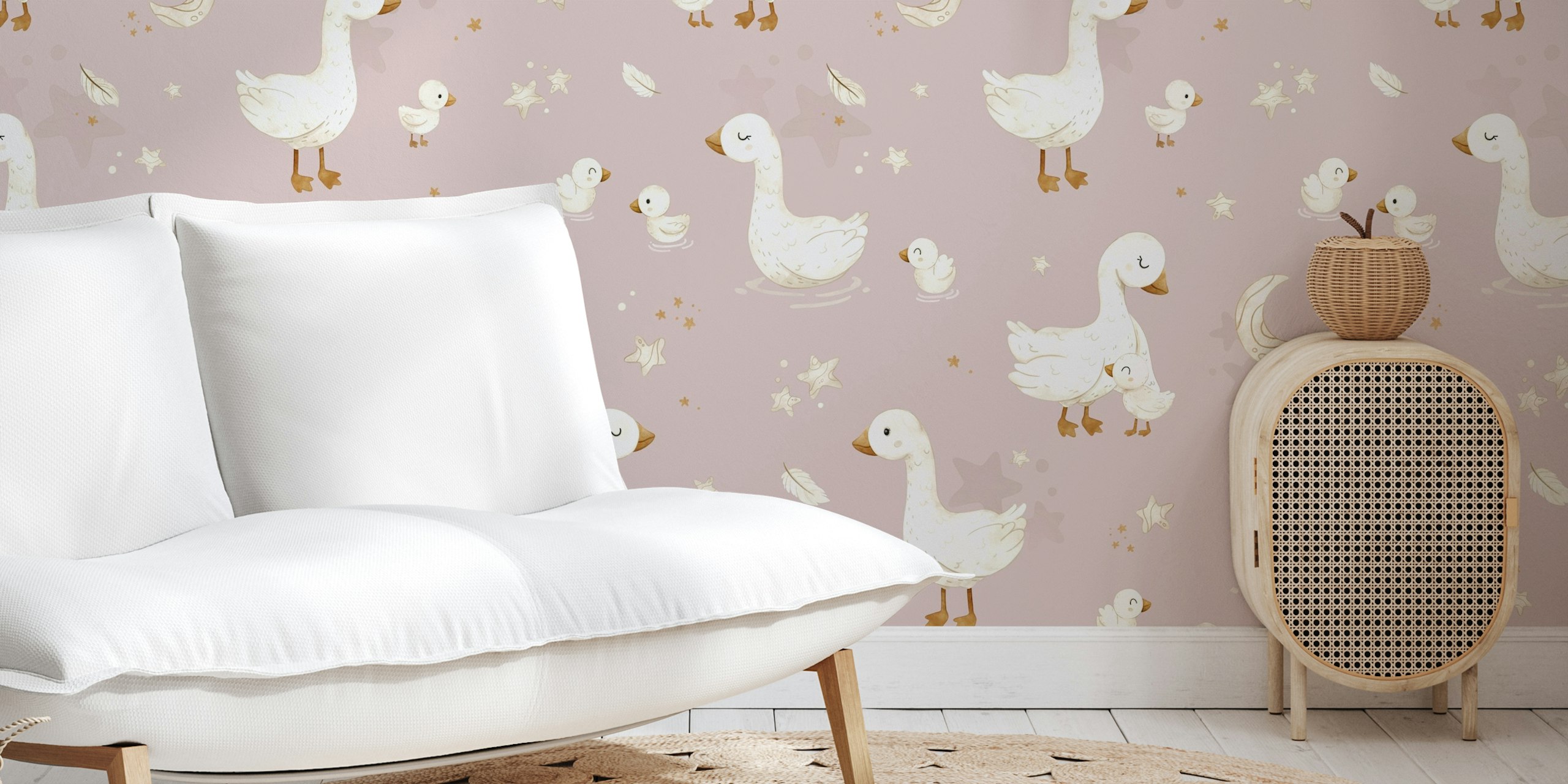 Little geese and ducklings in soft mauve pink wallpaper