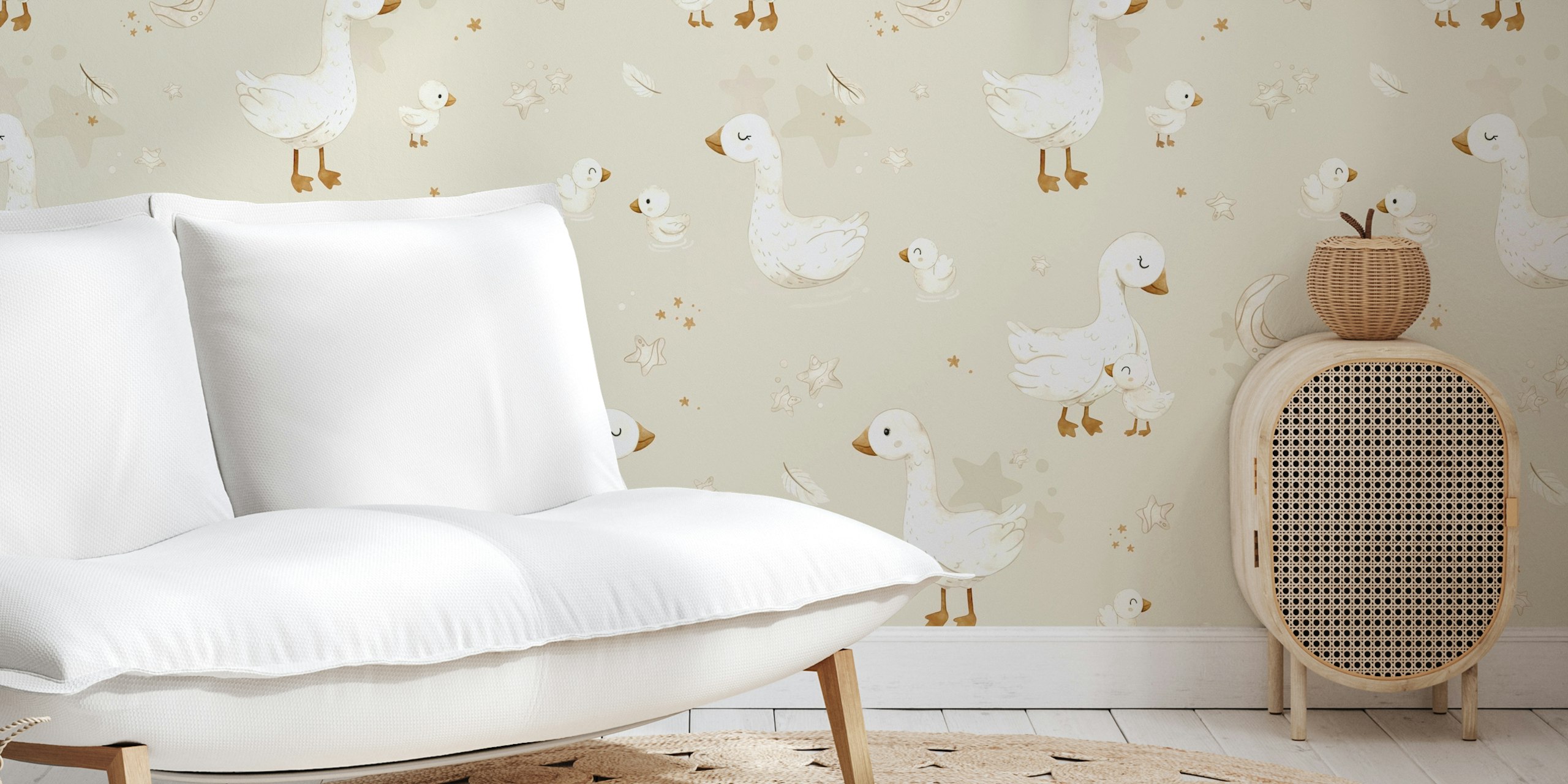 Little Geese beige carta da parati in una stanza