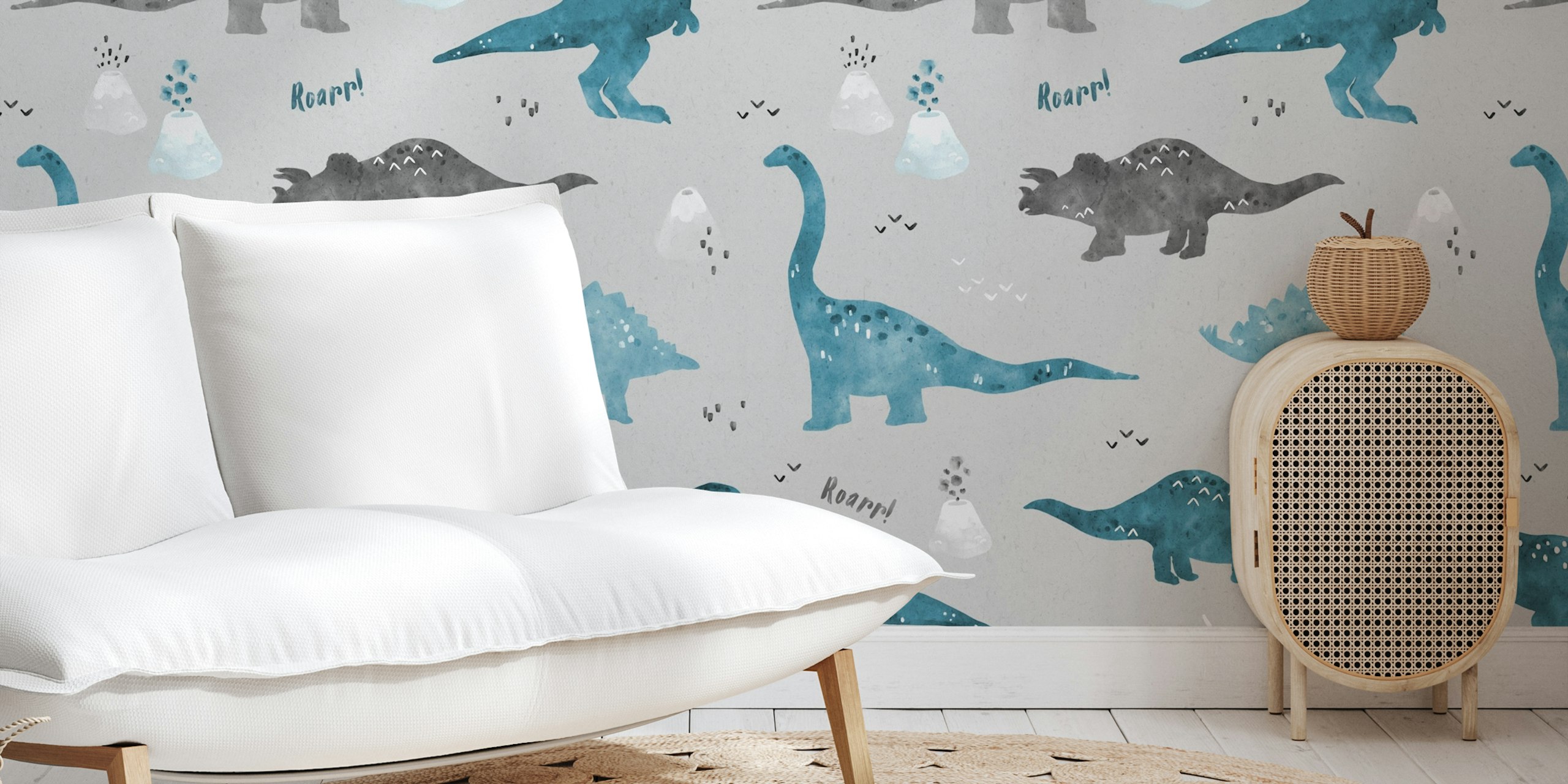 Watercolor dinosaur illustrations in grey and blue on a light grey background wallpaper