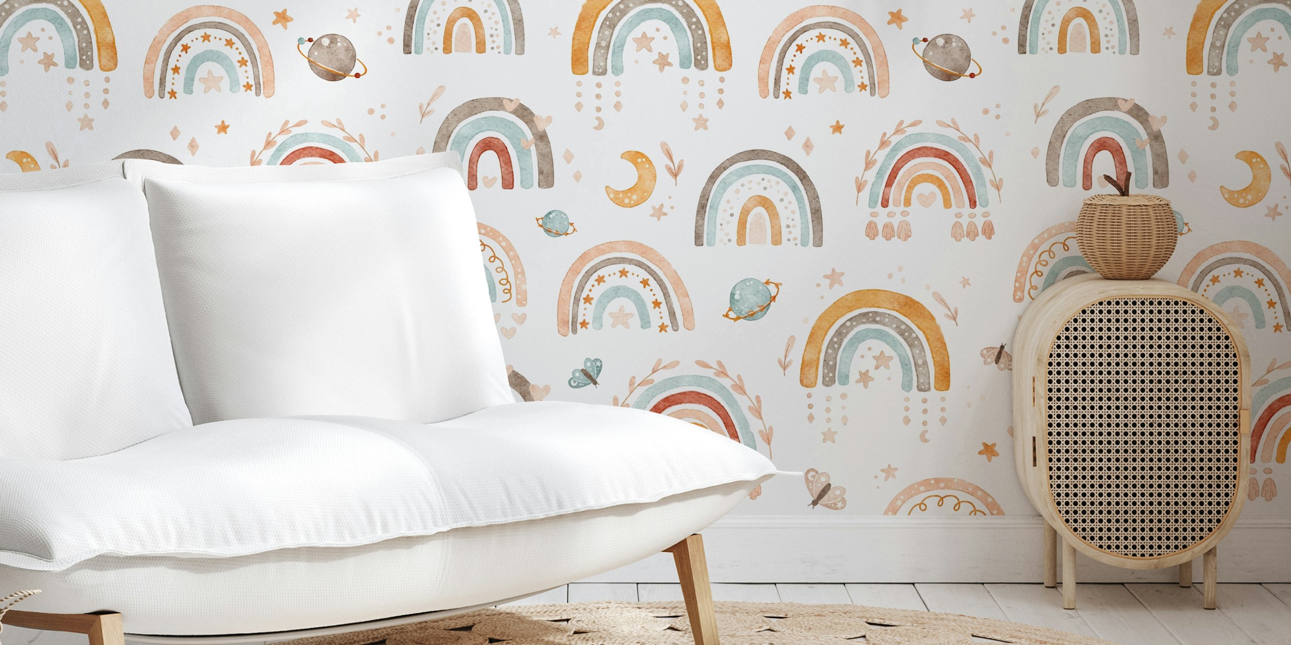 Pastel rainbows, planets, and stars in soft colors wallpaper
