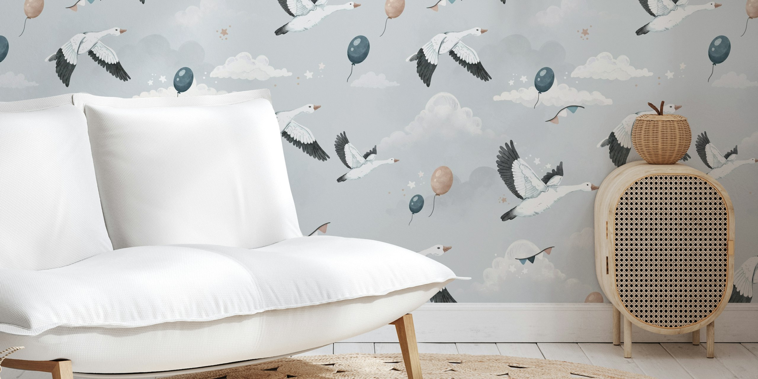 Flying geese and balloons against grey backdrop wallpaper