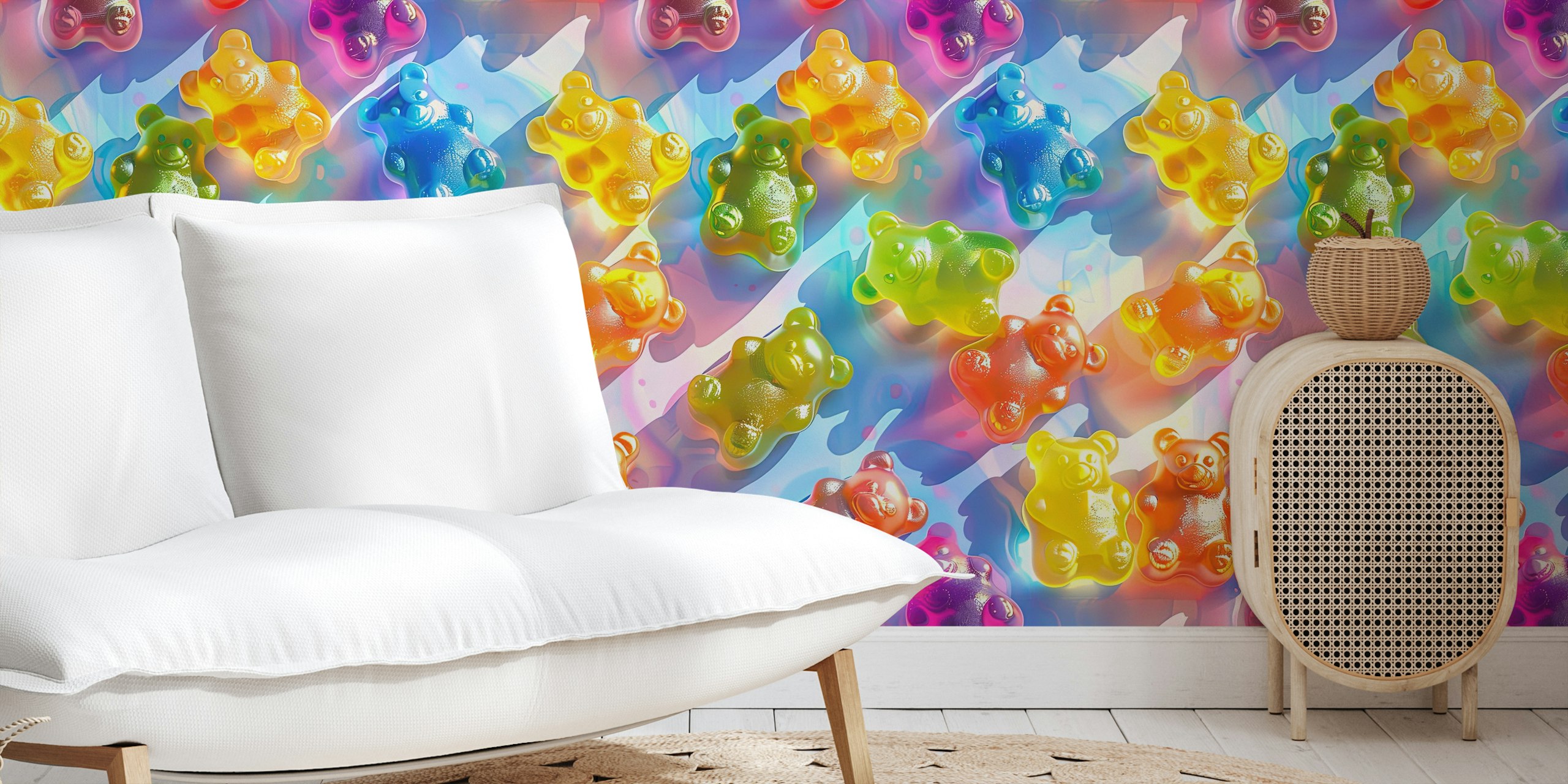 Colorful gummy bear design in vibrant shades on pastel background wallpaper