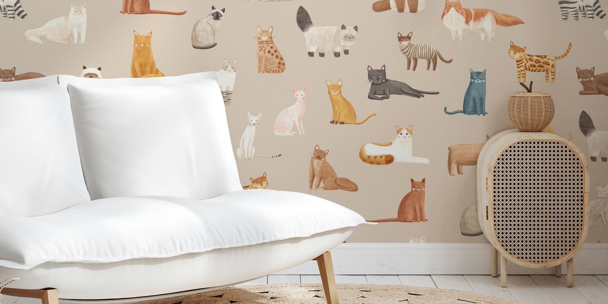 Various cute cats in different colors on a beige background wallpaper