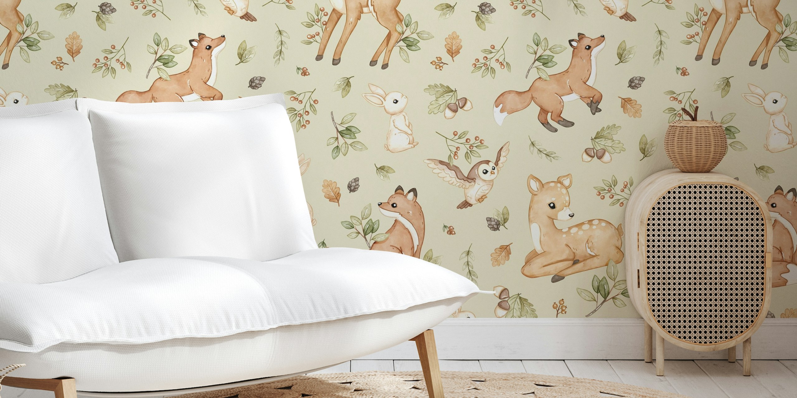 Woodland Wonders green wallpaper in a room setting