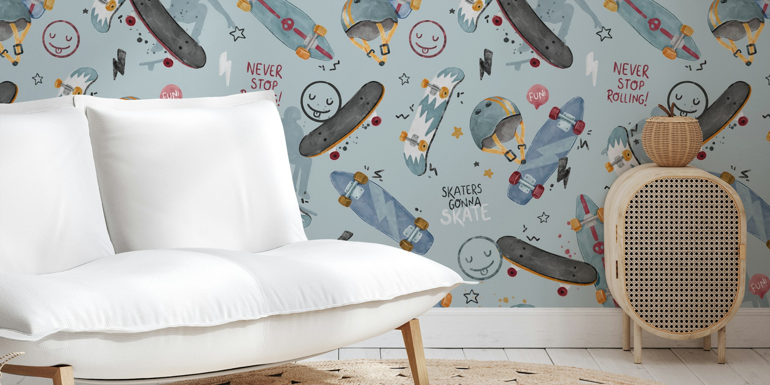 Playful skateboards and characters on blue background wallpaper