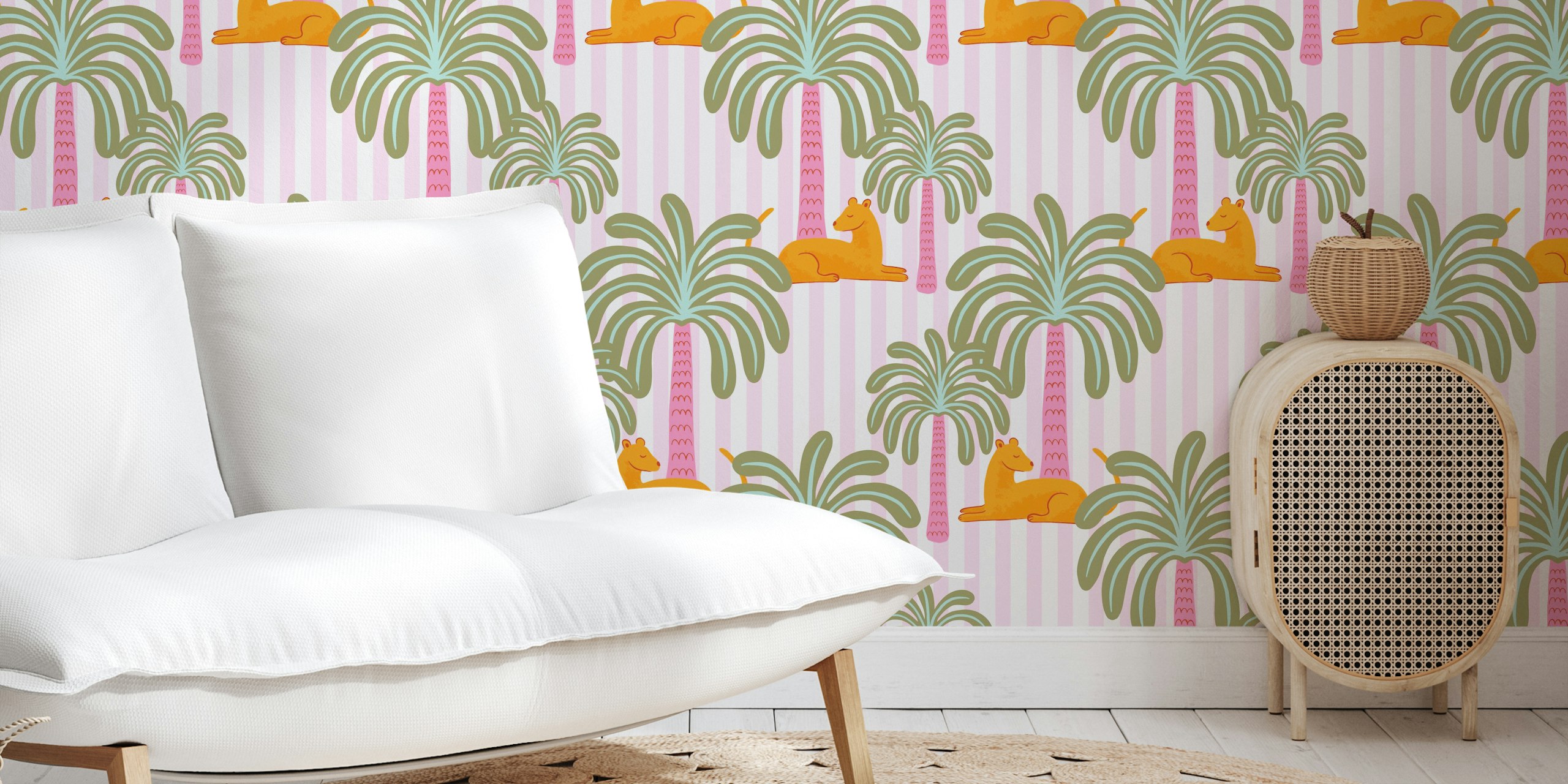 Jungle cats and palm trees on pink striped wallpaper