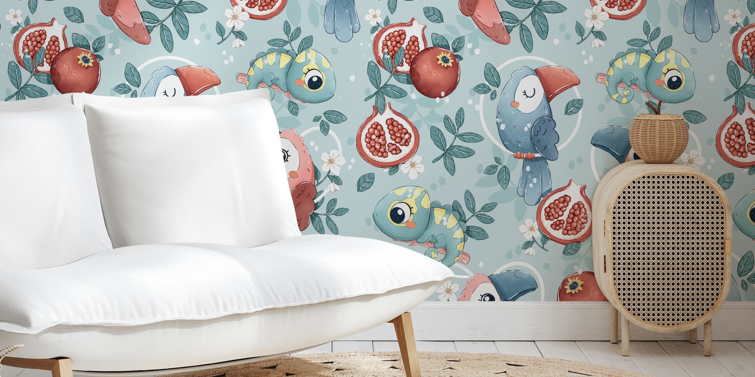 Tropical birds and pomegranates in pastel colors wallpaper