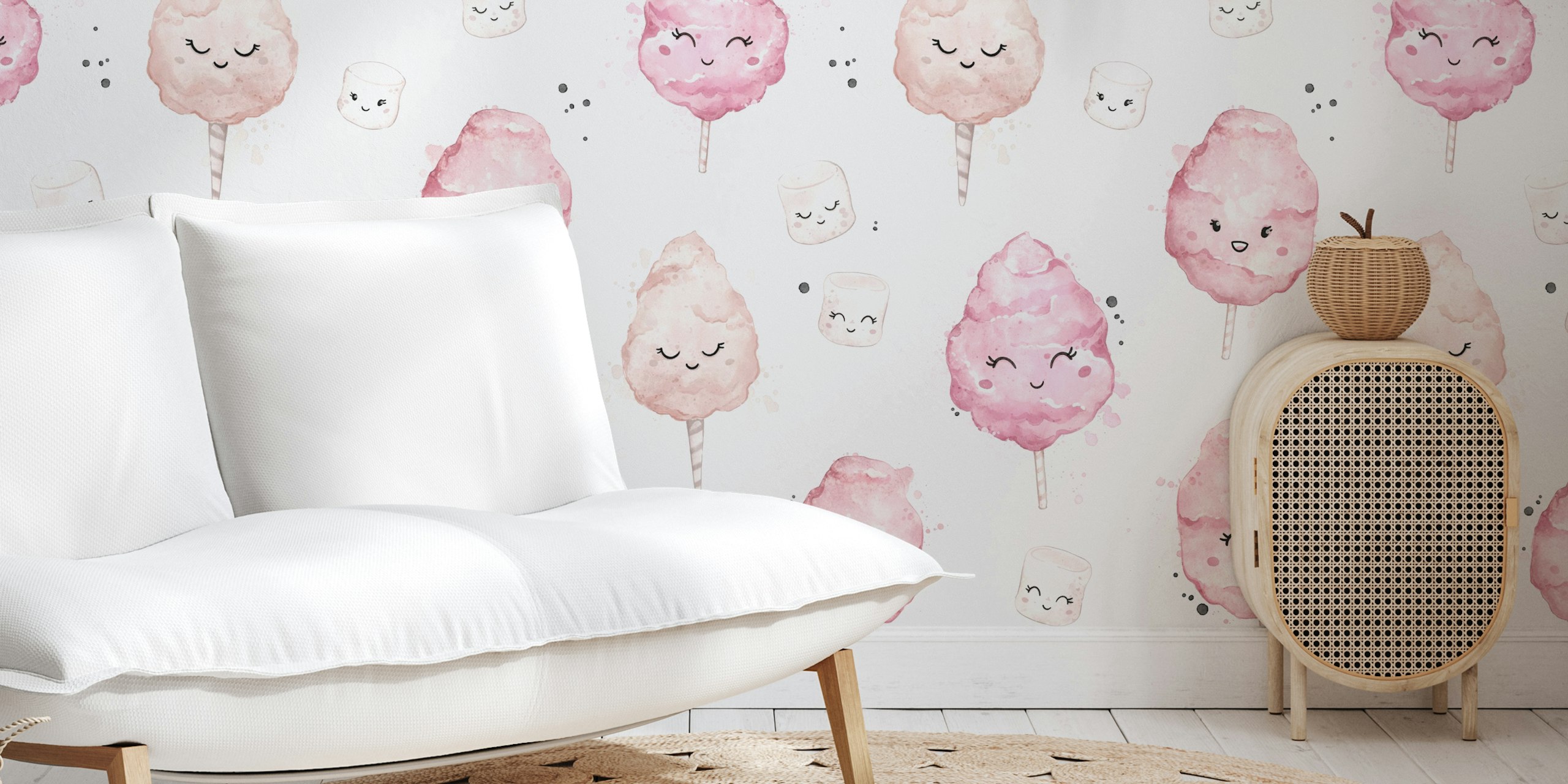 Pink cotton candy designs with smiling faces on white background wallpaper