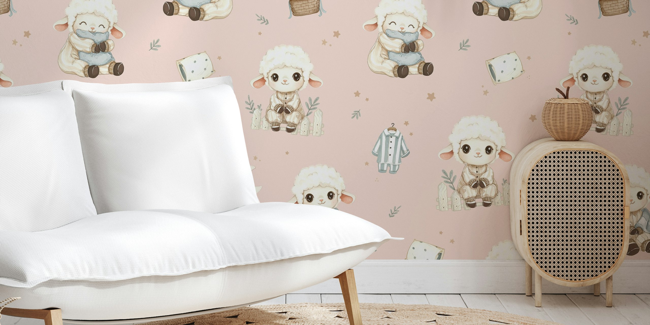 Cozy Lamb Sleepover wallpaper displayed in a room