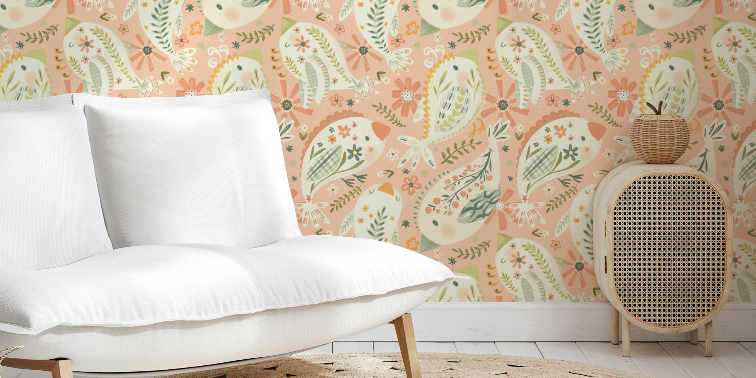 Whimsical Garden Birds wallpaper in a room
