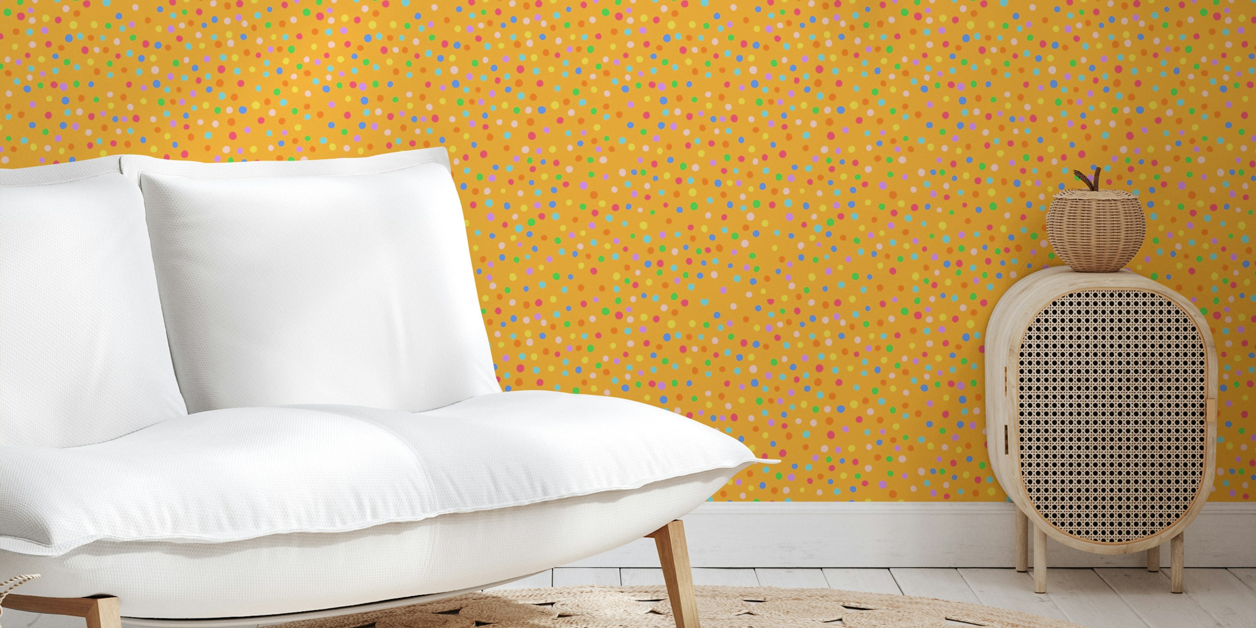 Bold colourful statement polka dot tapetti huoneessa