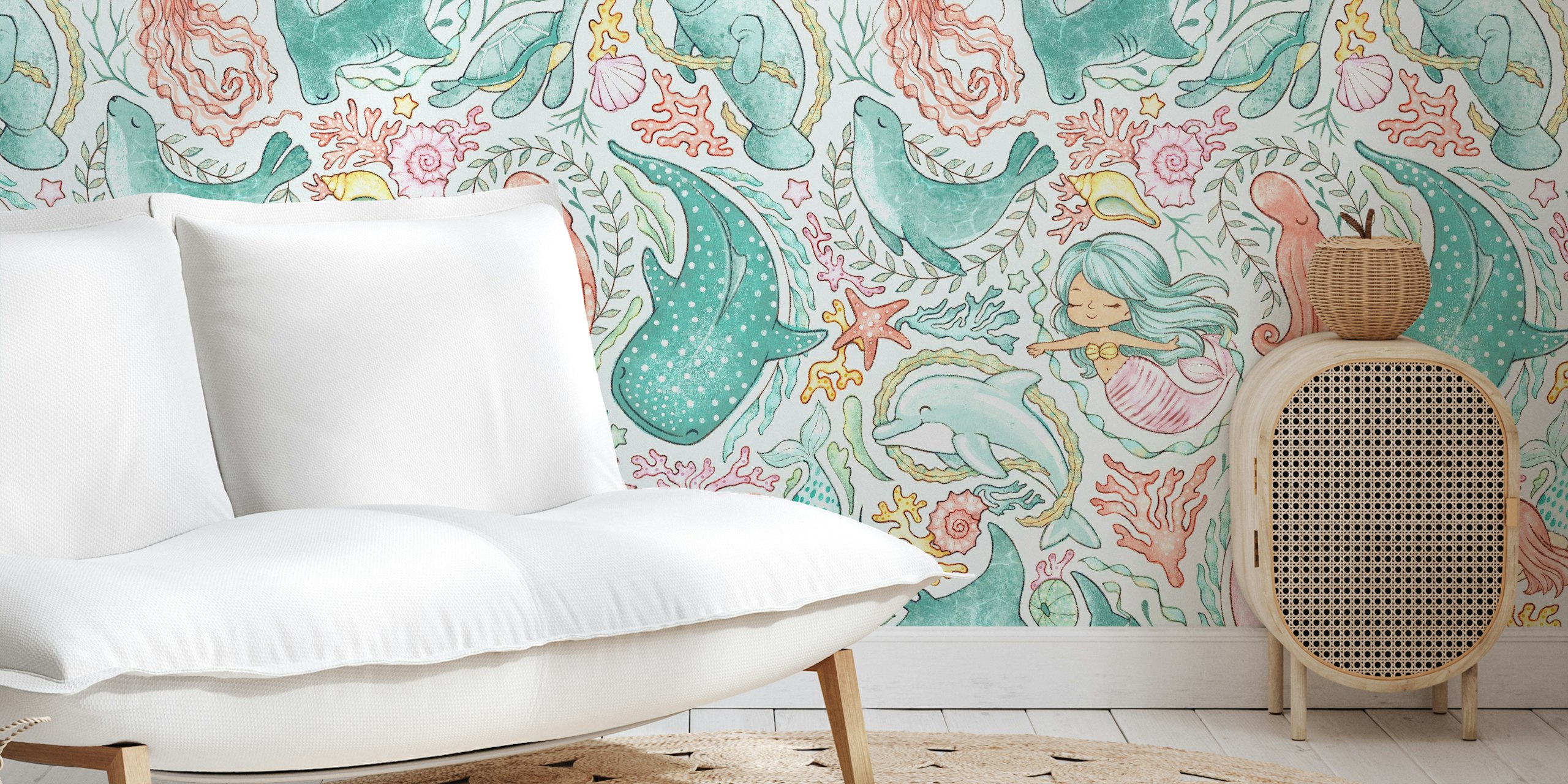 Pastel paisley wallpaper featuring ocean creatures
