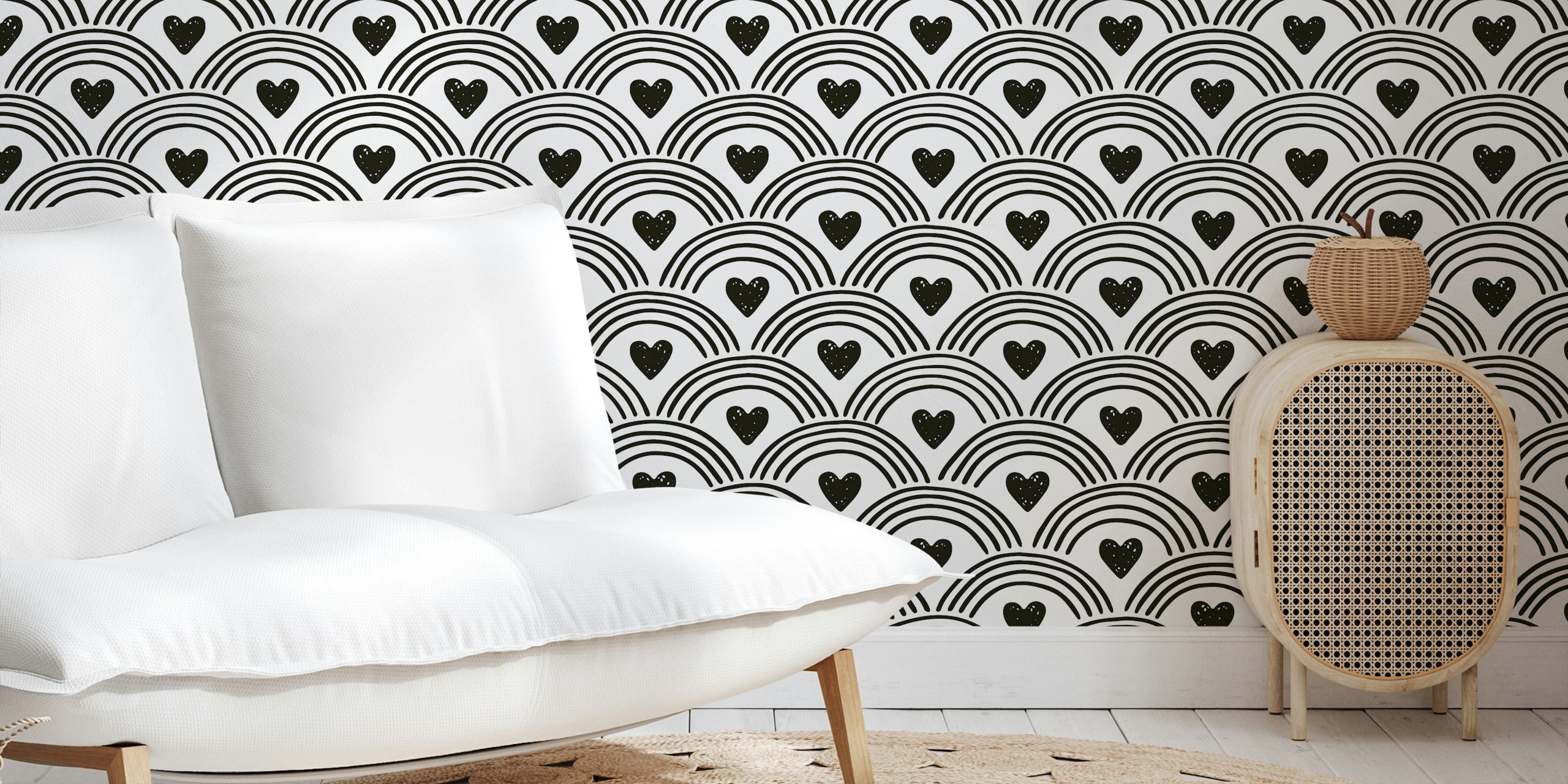 Black and white rainbow and heart pattern wallpaper
