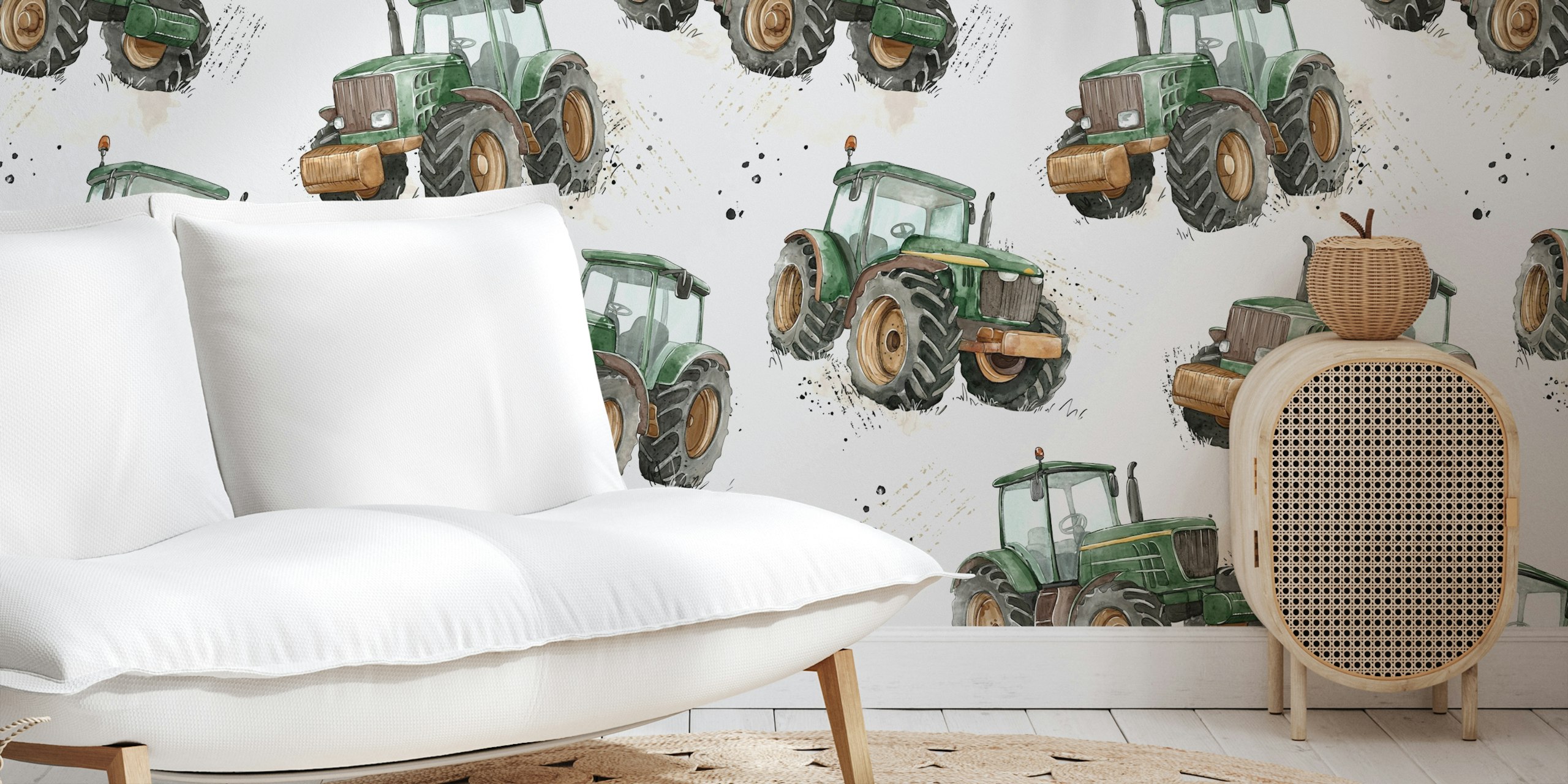 Watercolor tractors wallpaper in a room