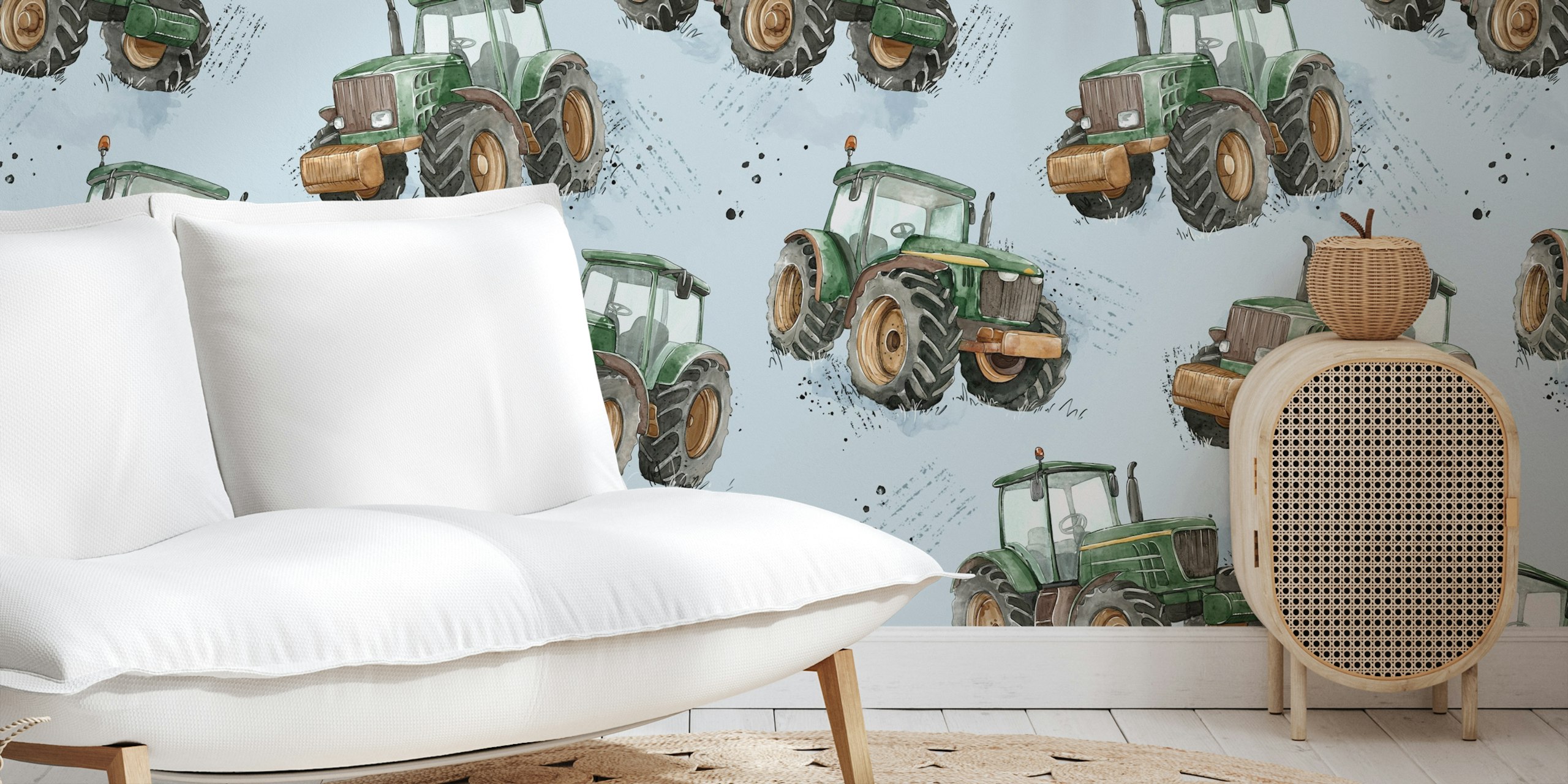 Blue watercolor tractors wallpaper in room setting