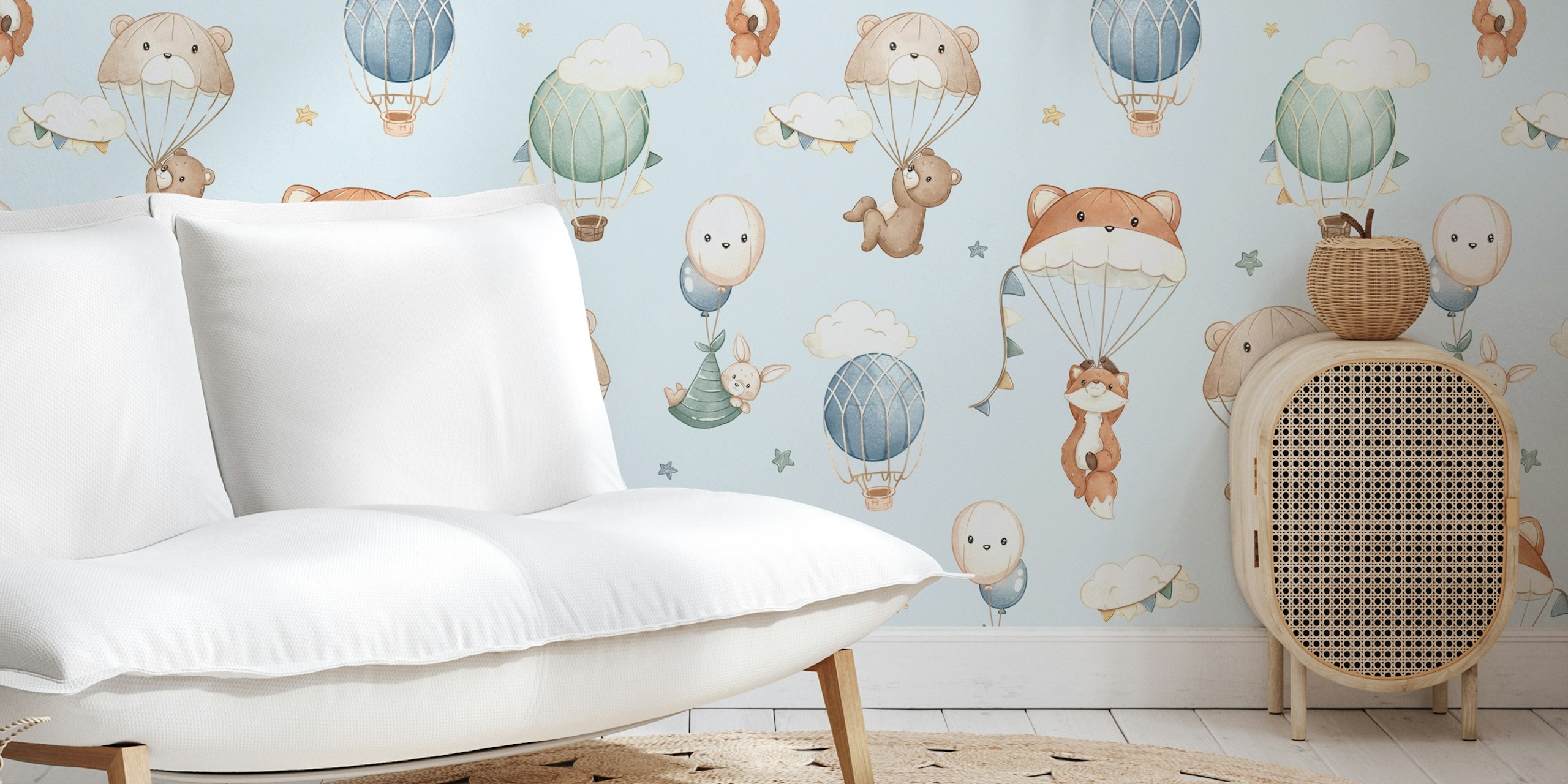 Cute animals in parachutes, blue background, children's wallpaper