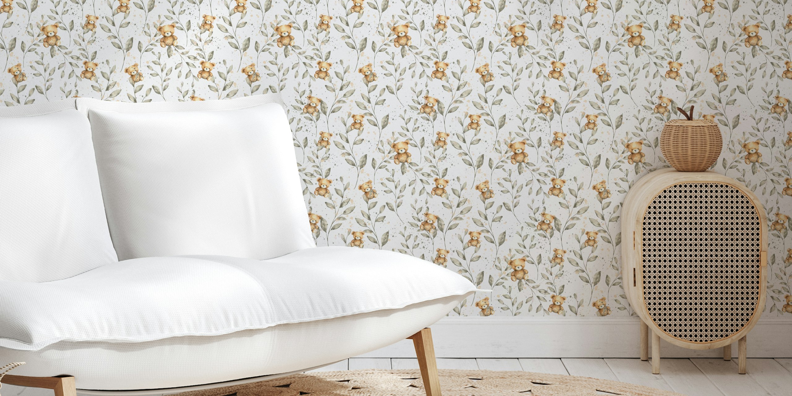 Teddy bears and leaves wallpaper design