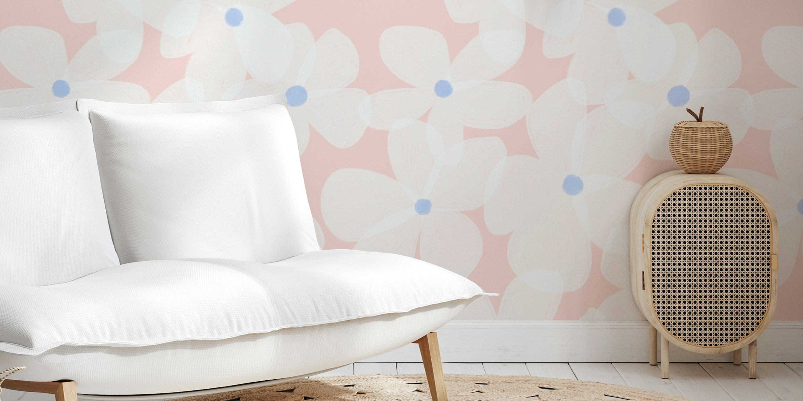 Pink floral design with blue accents wallpaper