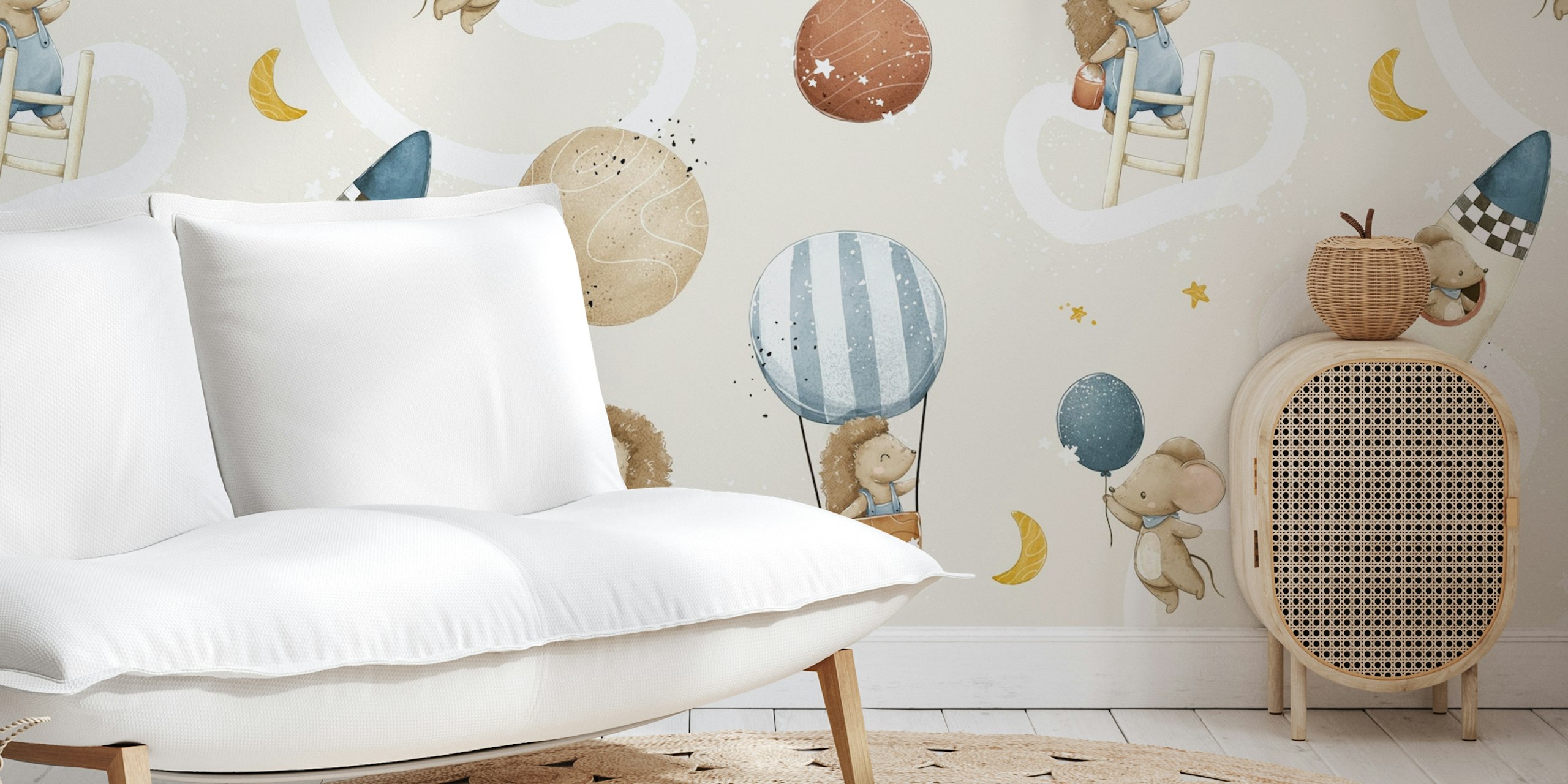 Cute animal illustrations, balloons, and celestial elements in soft beige wallpaper