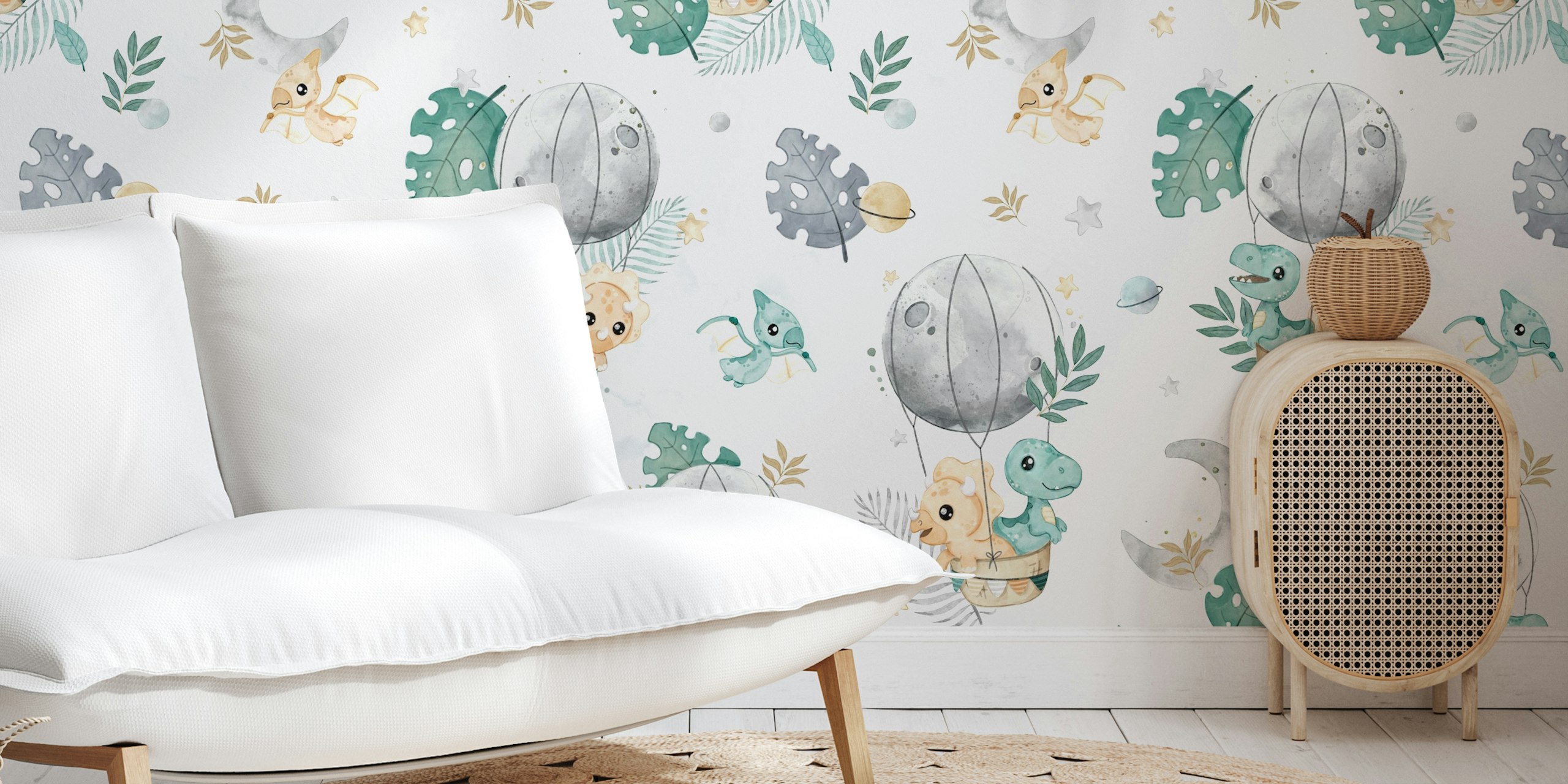 Dino Balloon papel pintado exhibido en una habitación