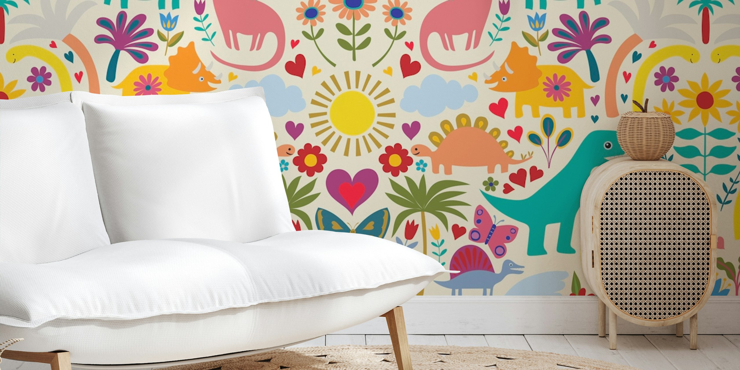 Dinosaur themed wallpaper with colorful flowers and hearts