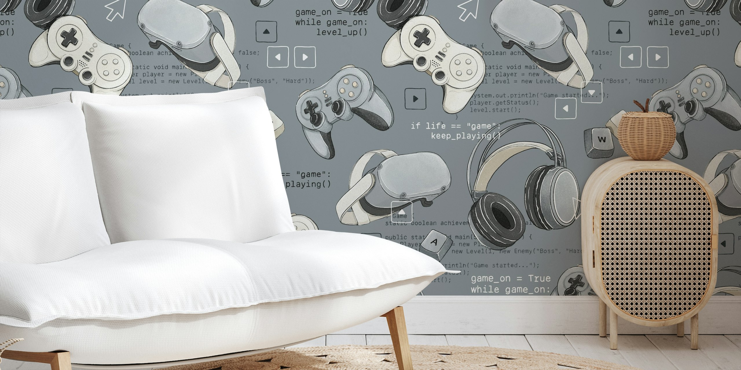 Gaming themed wallpaper with dark grey background, featuring controllers, headsets, and gaming code.