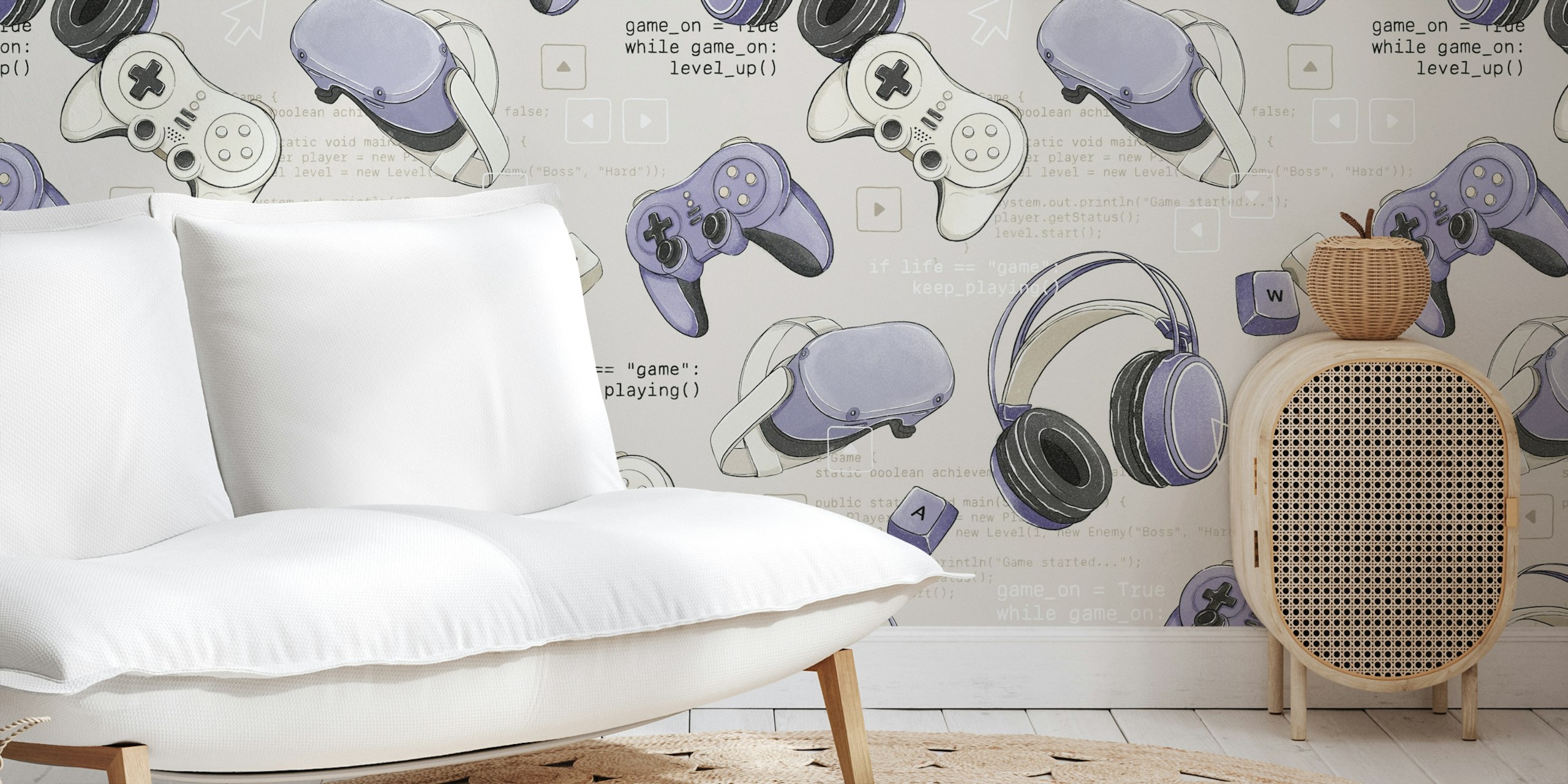 Gaming controllers and headphones on cream background wallpaper