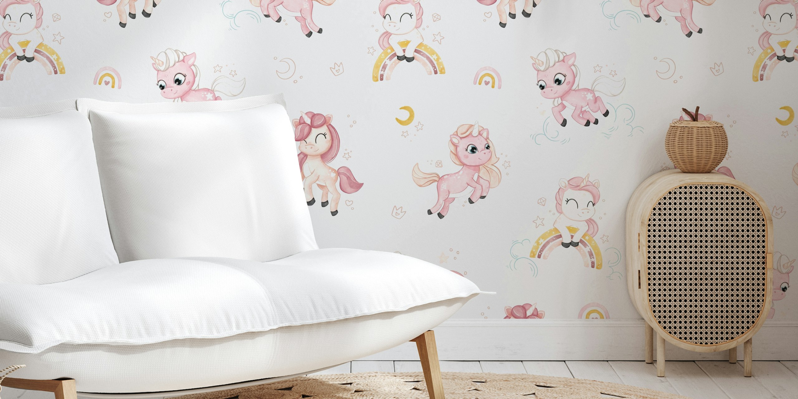 Kids wallpaper with pink unicorns, rainbows, and stars on white background