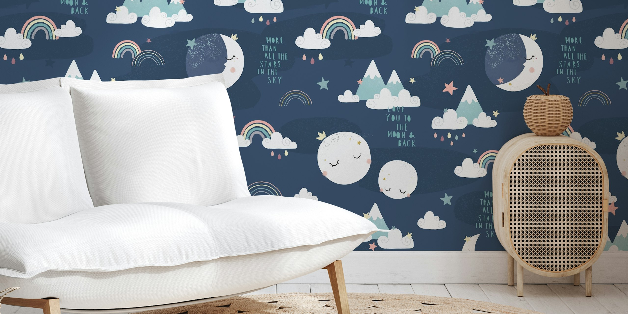Navy wallpaper with moon, rainbow, clouds, and stars pattern