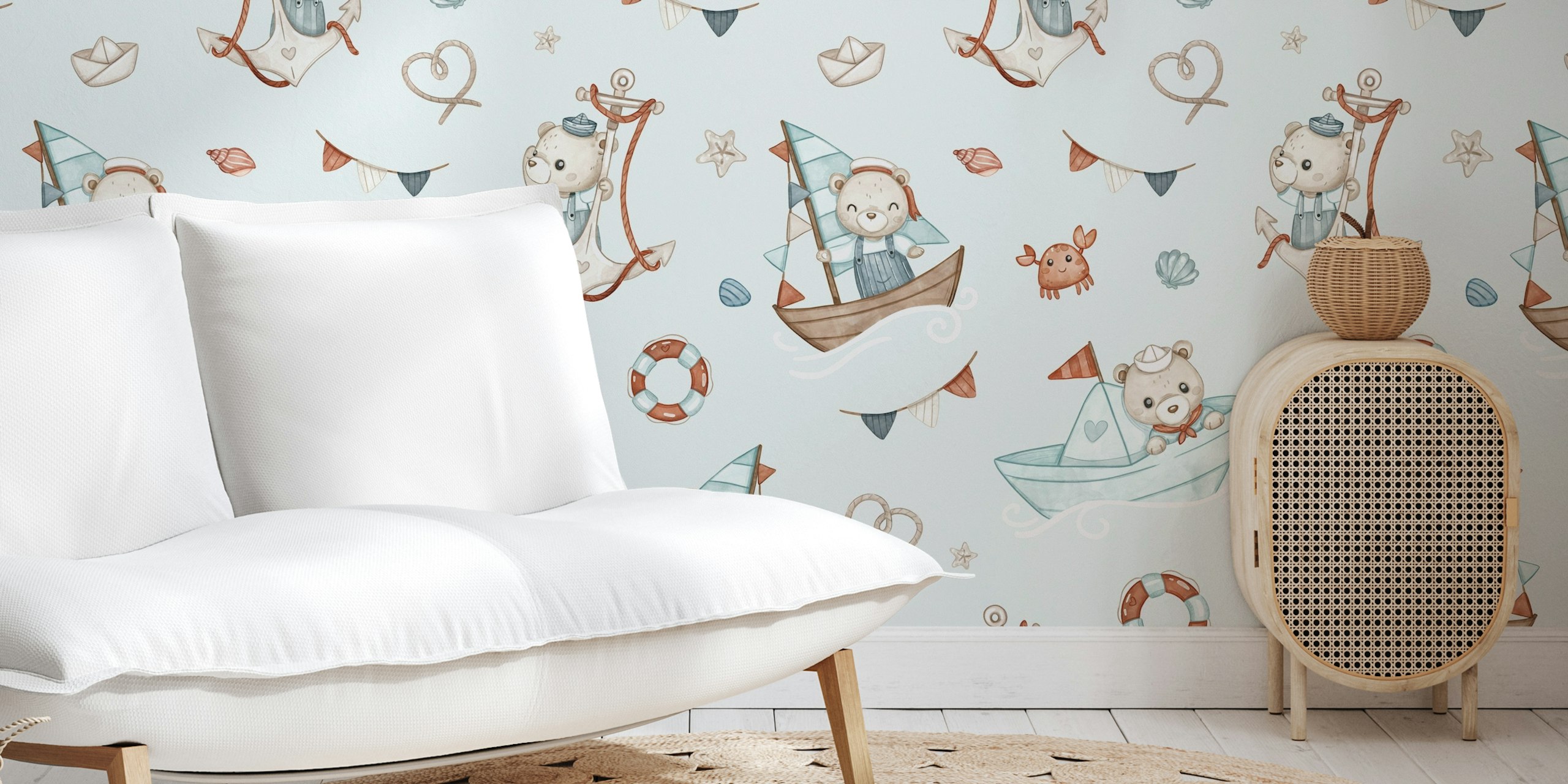 Nautical bear pattern with boats and sea elements in blue wallpaper