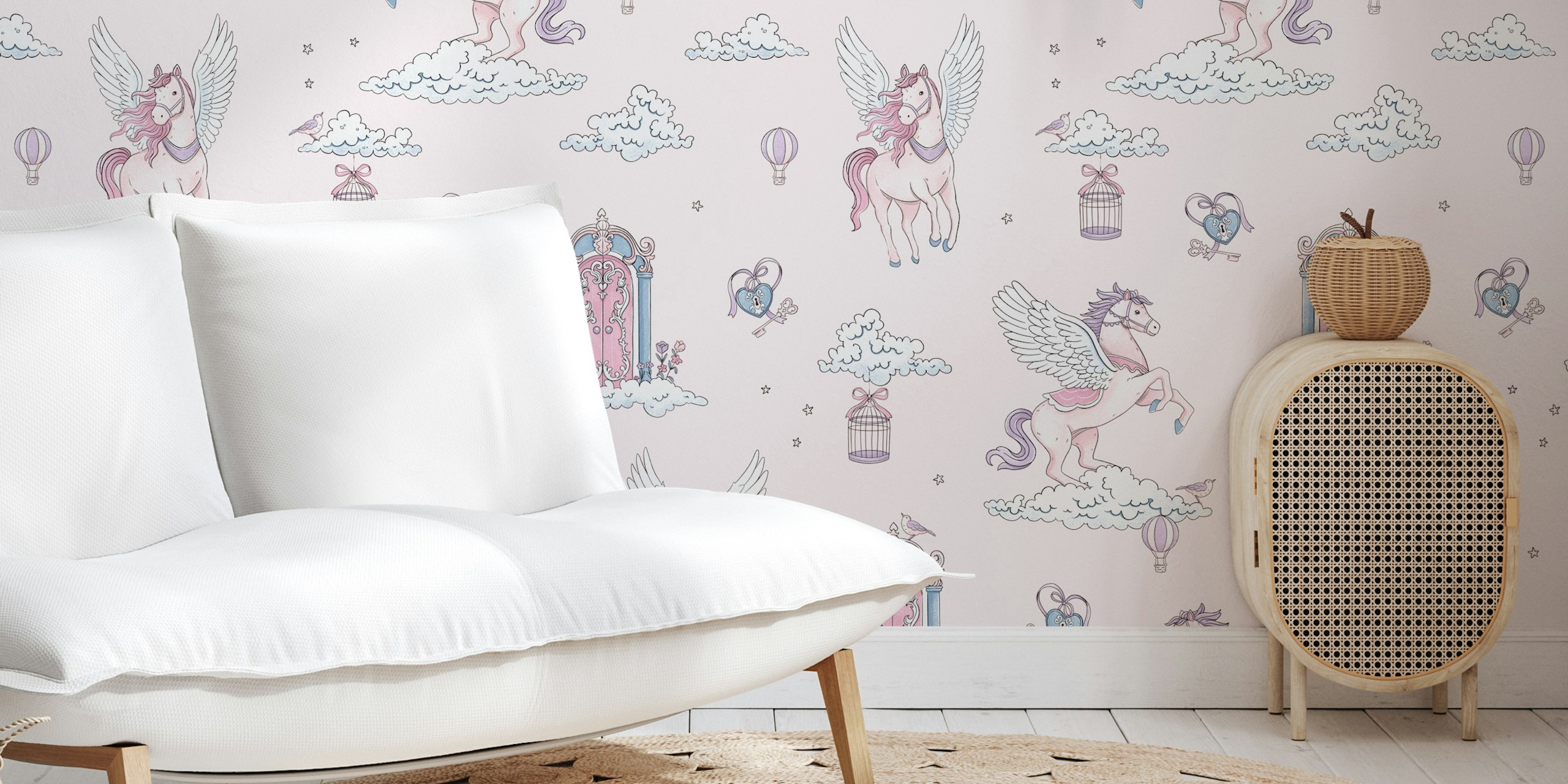 Carta da parati Cloud Kingdom peach in una stanza arredata