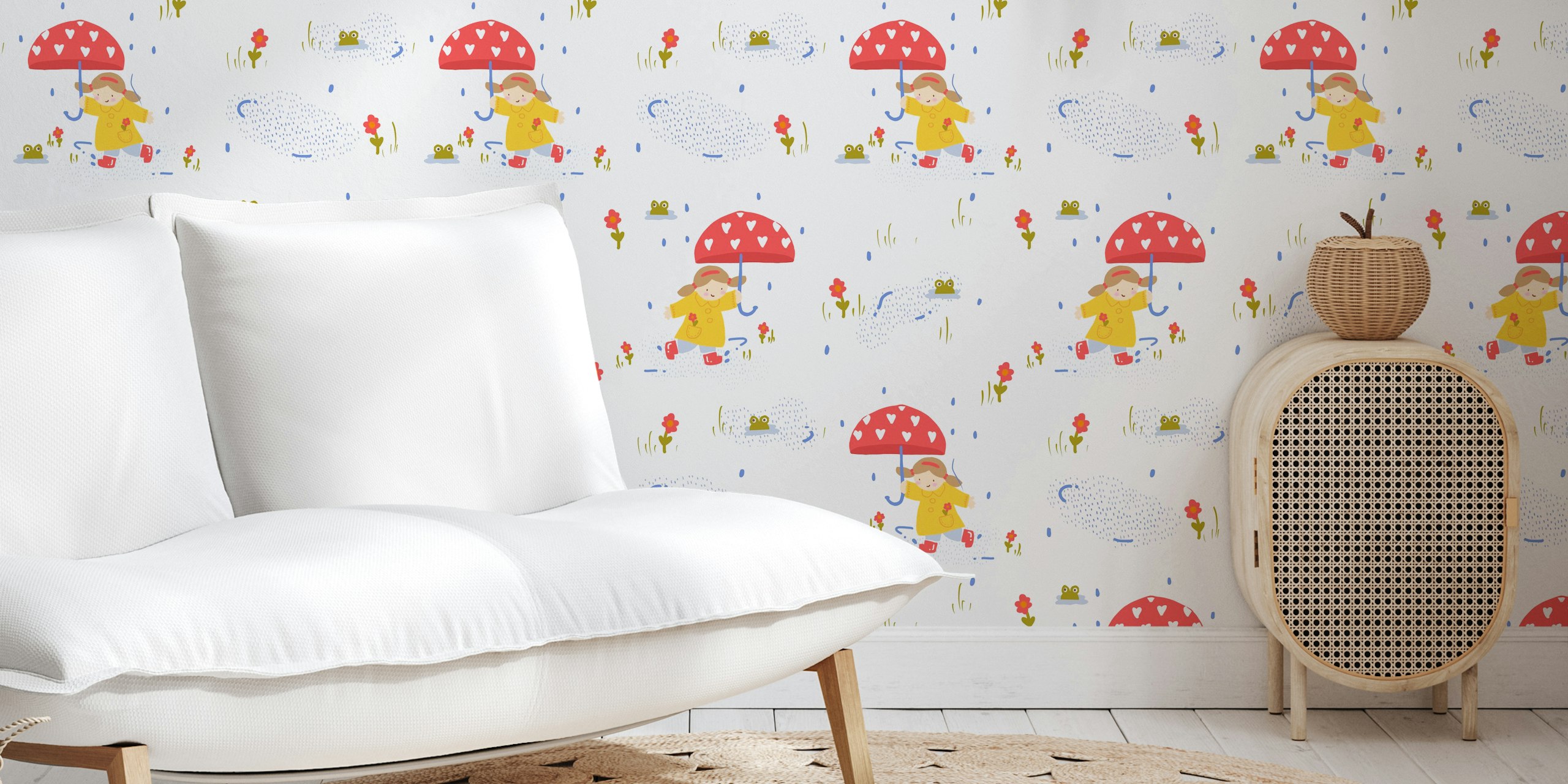 Playful rainy day scene with girl, umbrella, frogs and flowers wallpaper