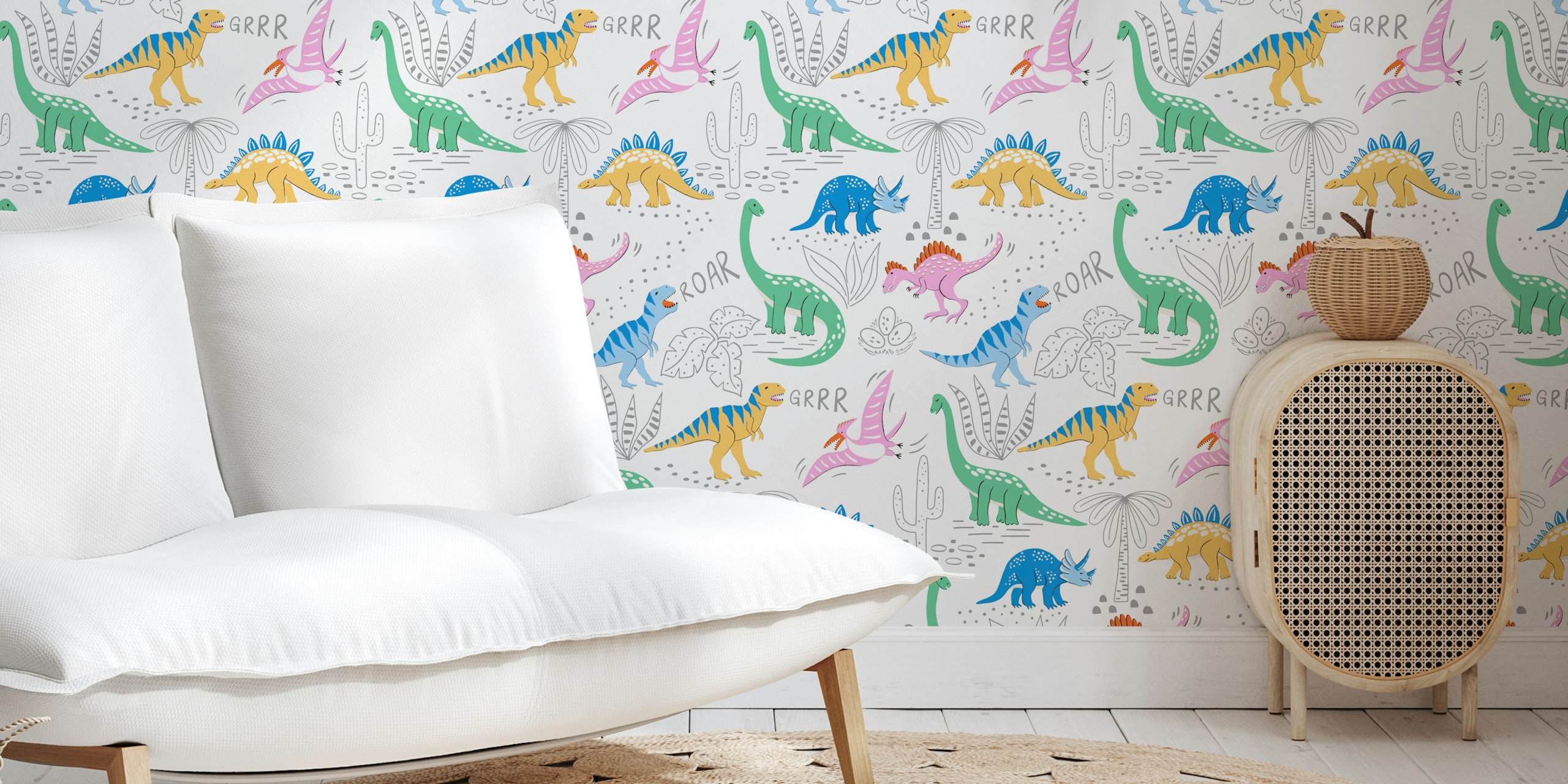 Colorful dinosaur patterns with green, blue, pink, and yellow on white background wallpaper