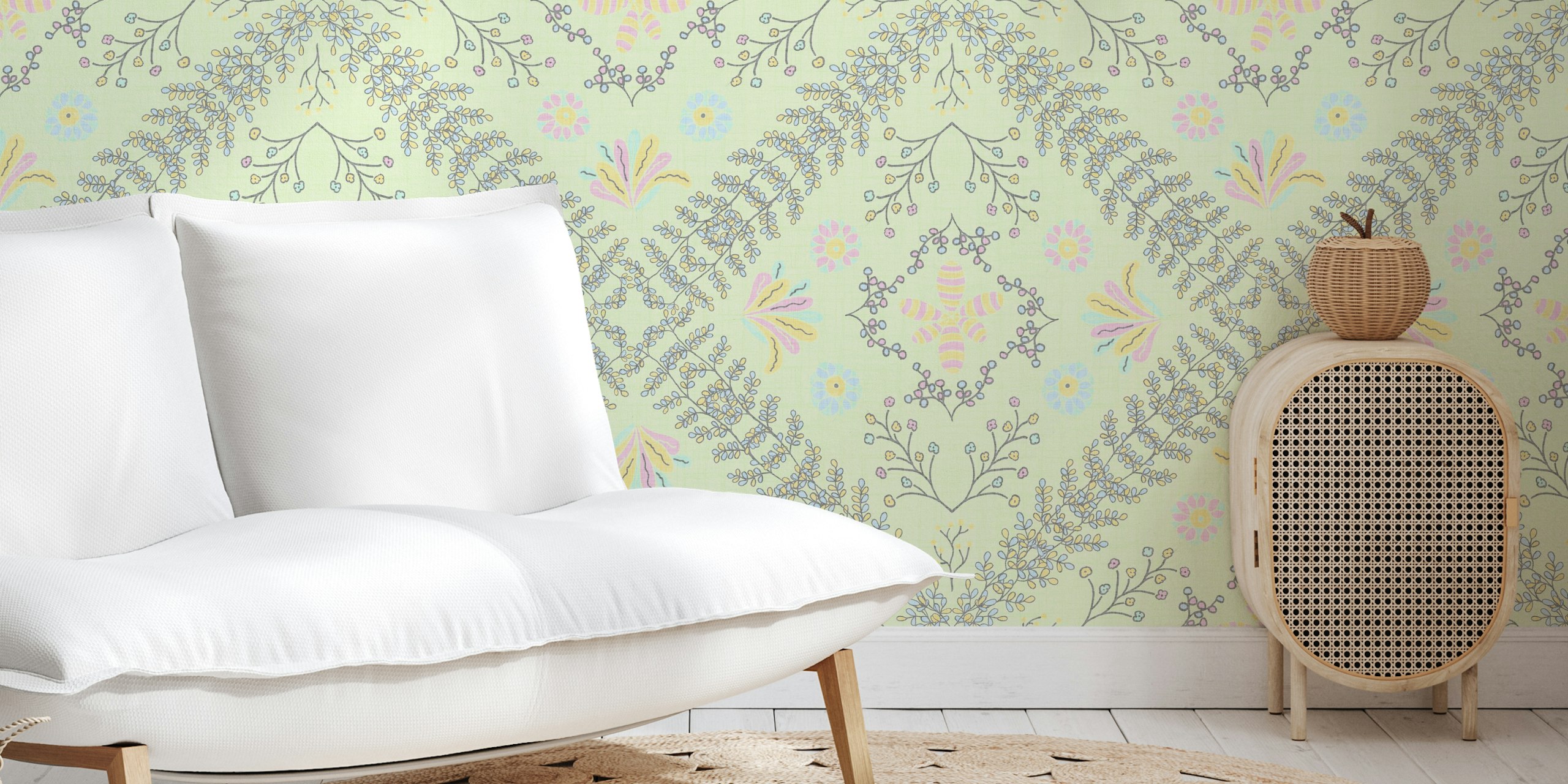 Floral sage green wallpaper with delicate patterns and pastel colors