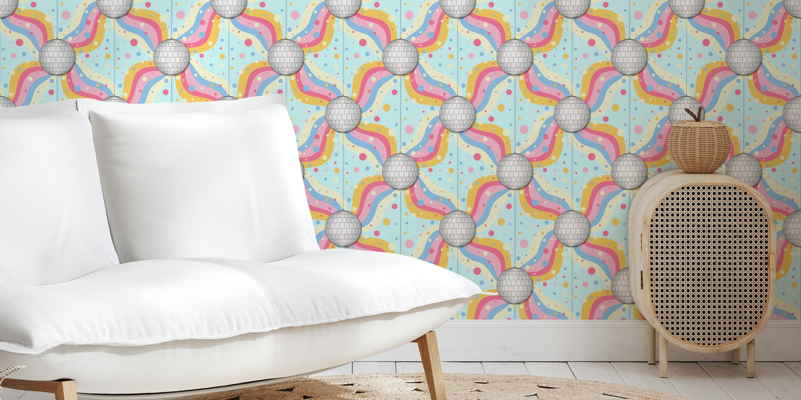 Colorful disco ball wallpaper featuring pink, yellow, and blue waves with polka dots