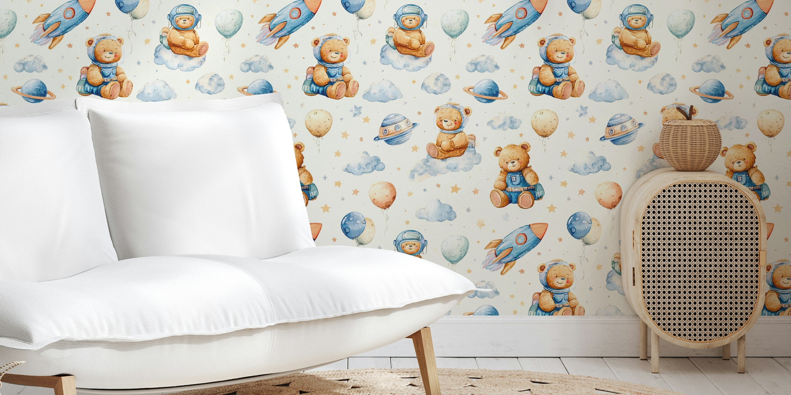 Whimsical bear adventure wallpaper in a room