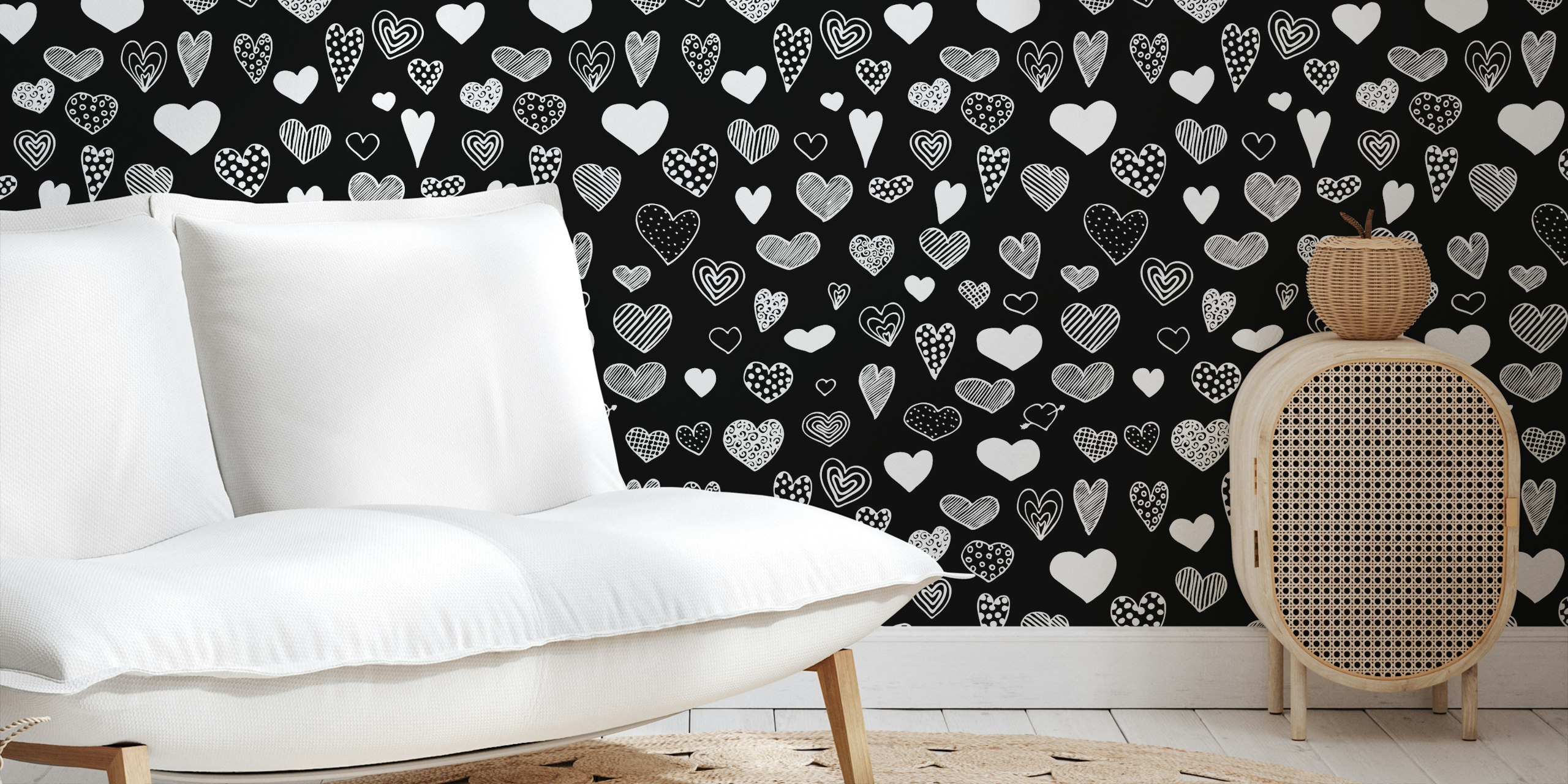 Black and white heart doodle pattern wallpaper featuring various heart shapes