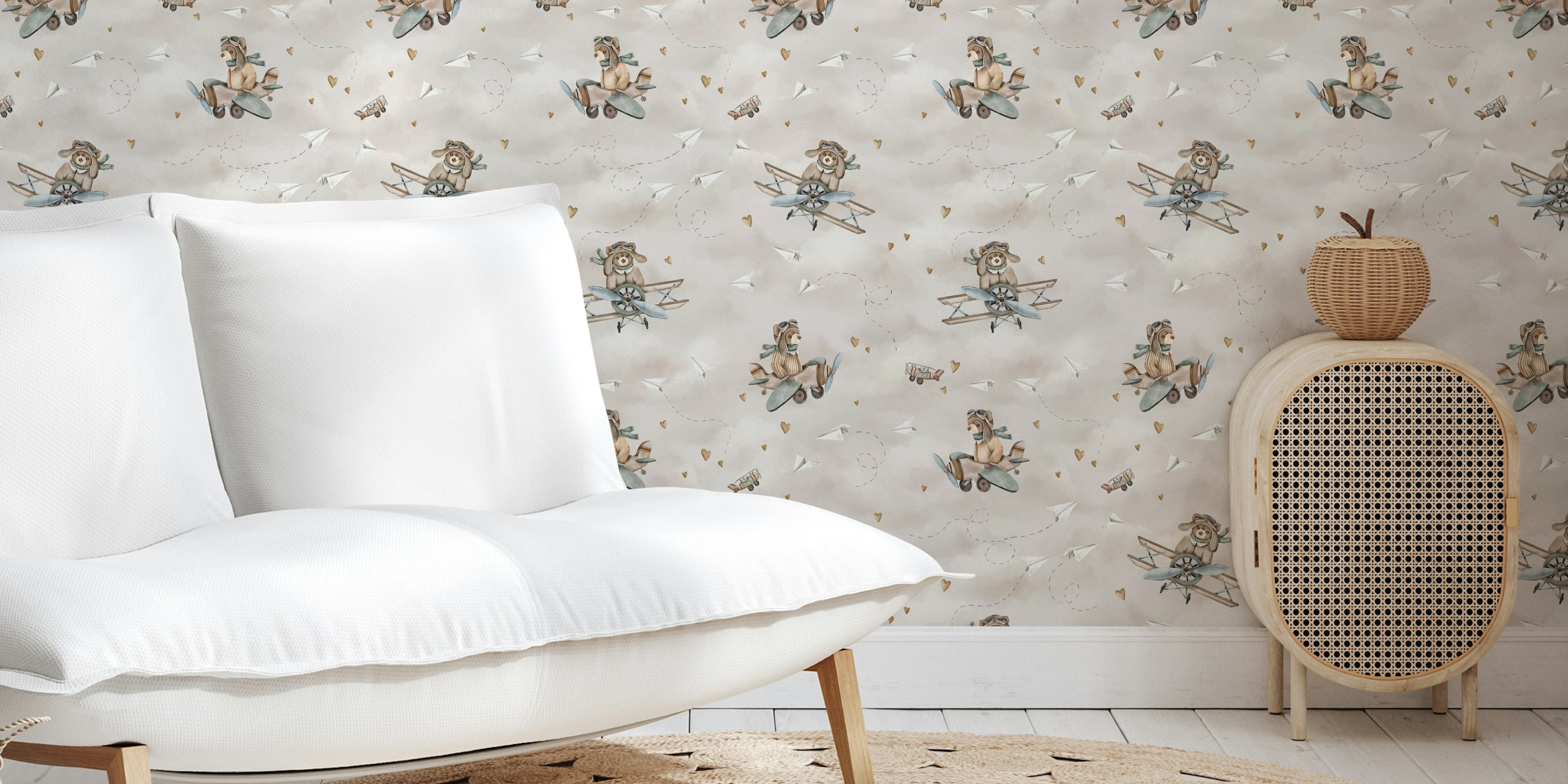 Aviator bears wallpaper in a cozy room