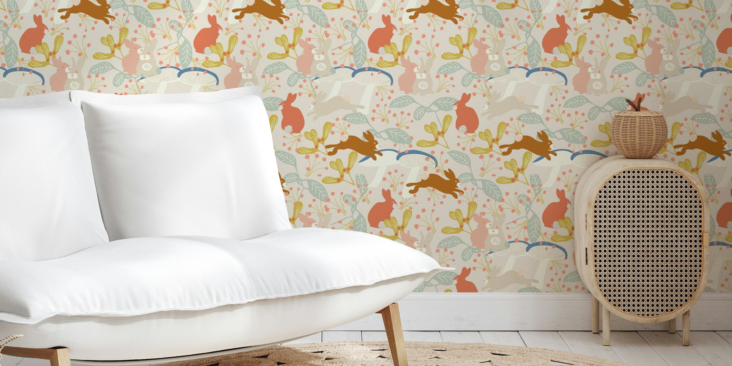Whimsical bunny wallpaper in a nursery