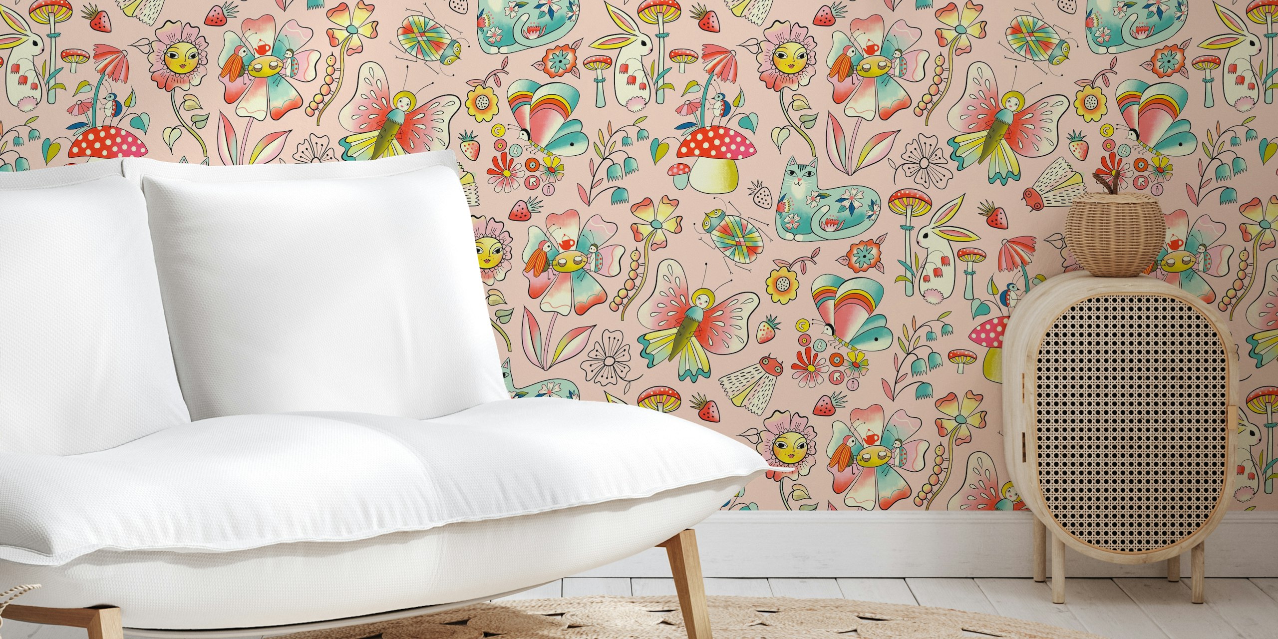 Illustration af legende og finurlige skabninger i tatoveringsstil til børnevægmaleri.