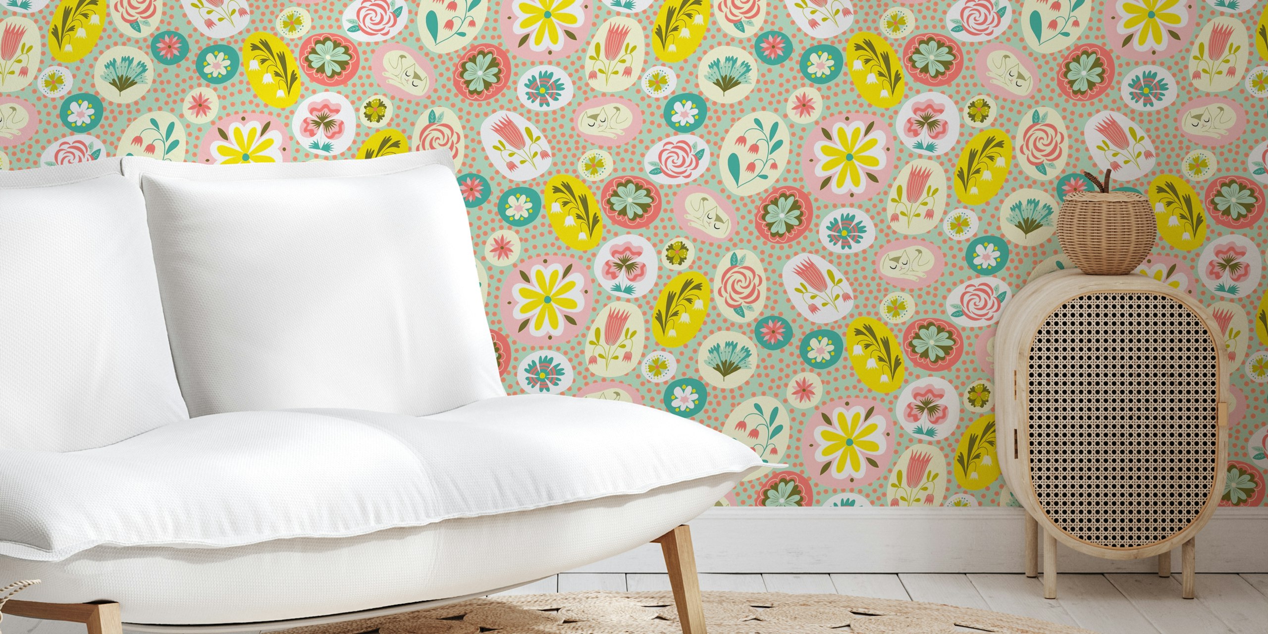 Colorful flowers, sleeping cats, and patterned shapes wallpaper
