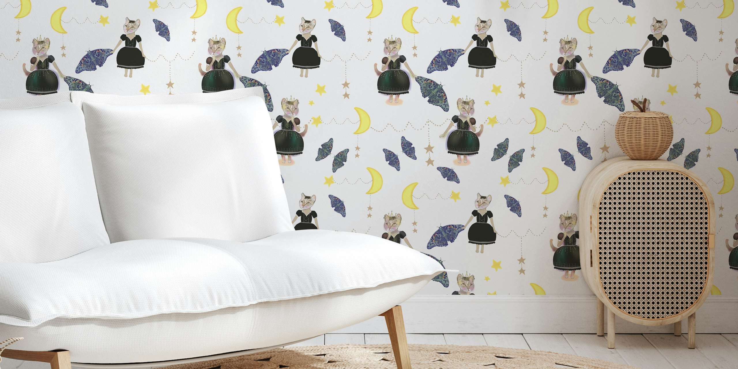 Princess cat in black dress with butterflies, moon, stars wallpaper